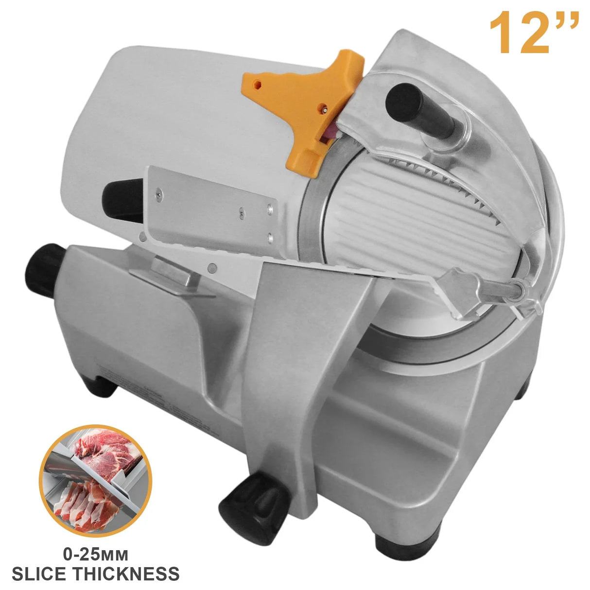 12-inch KuKoo meat slicer with stainless steel blade, adjustable thickness, and orange safety handle, ideal for precise...
