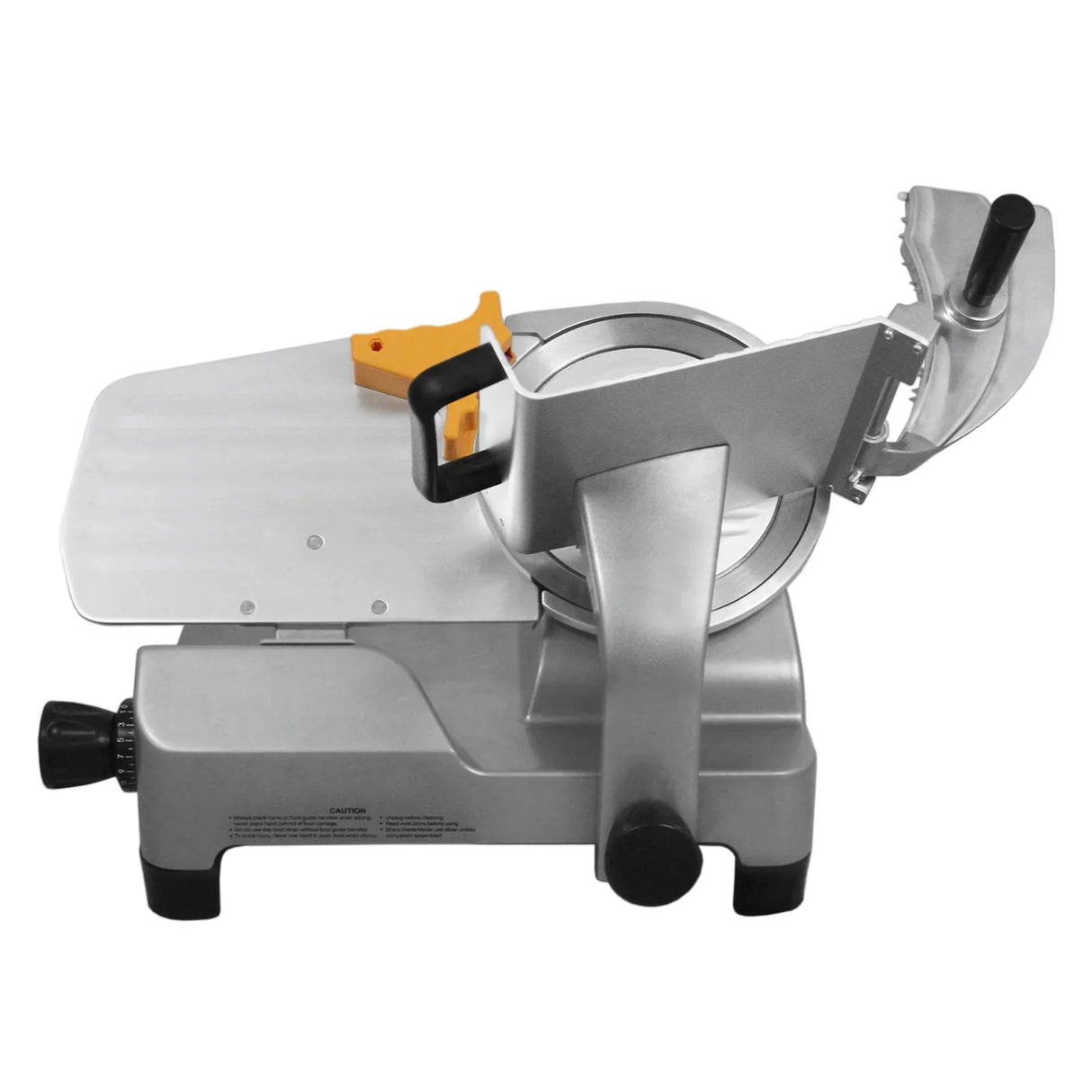 12-inch stainless steel meat slicer with adjustable thickness, sleek silver body, and orange safety guard for easy operation
