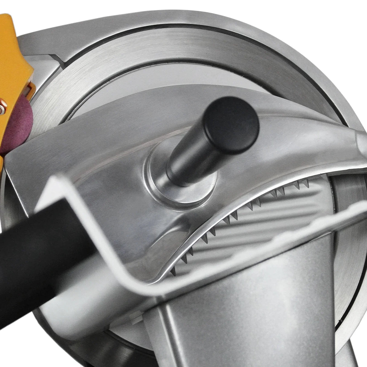 Close-up of KuKoo 12" meat slicer featuring a stainless steel blade, adjustable thickness knob, and durable construction