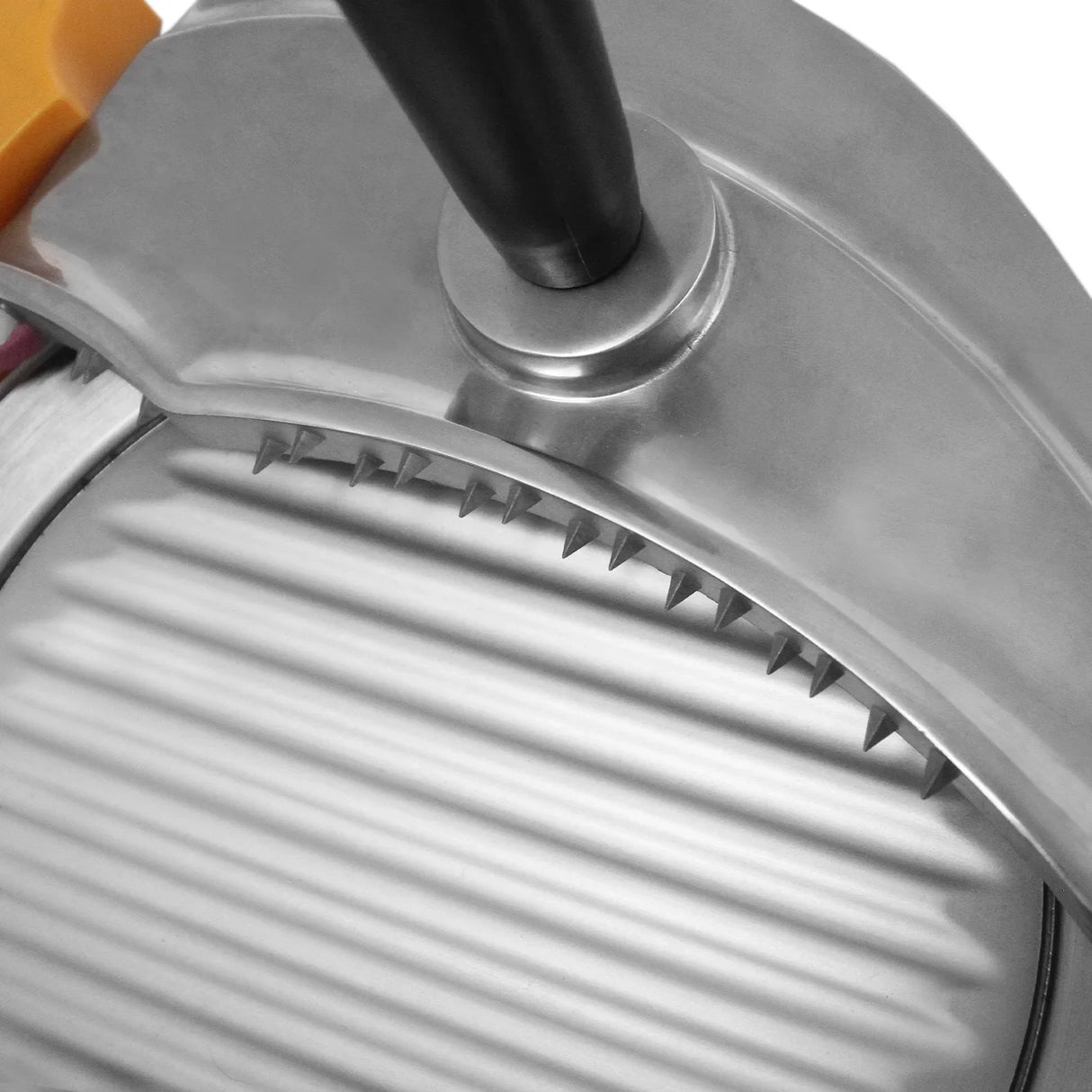 Stainless steel 12" meat slicer blade with serrated edge and textured surface, designed for precise slicing and durability
