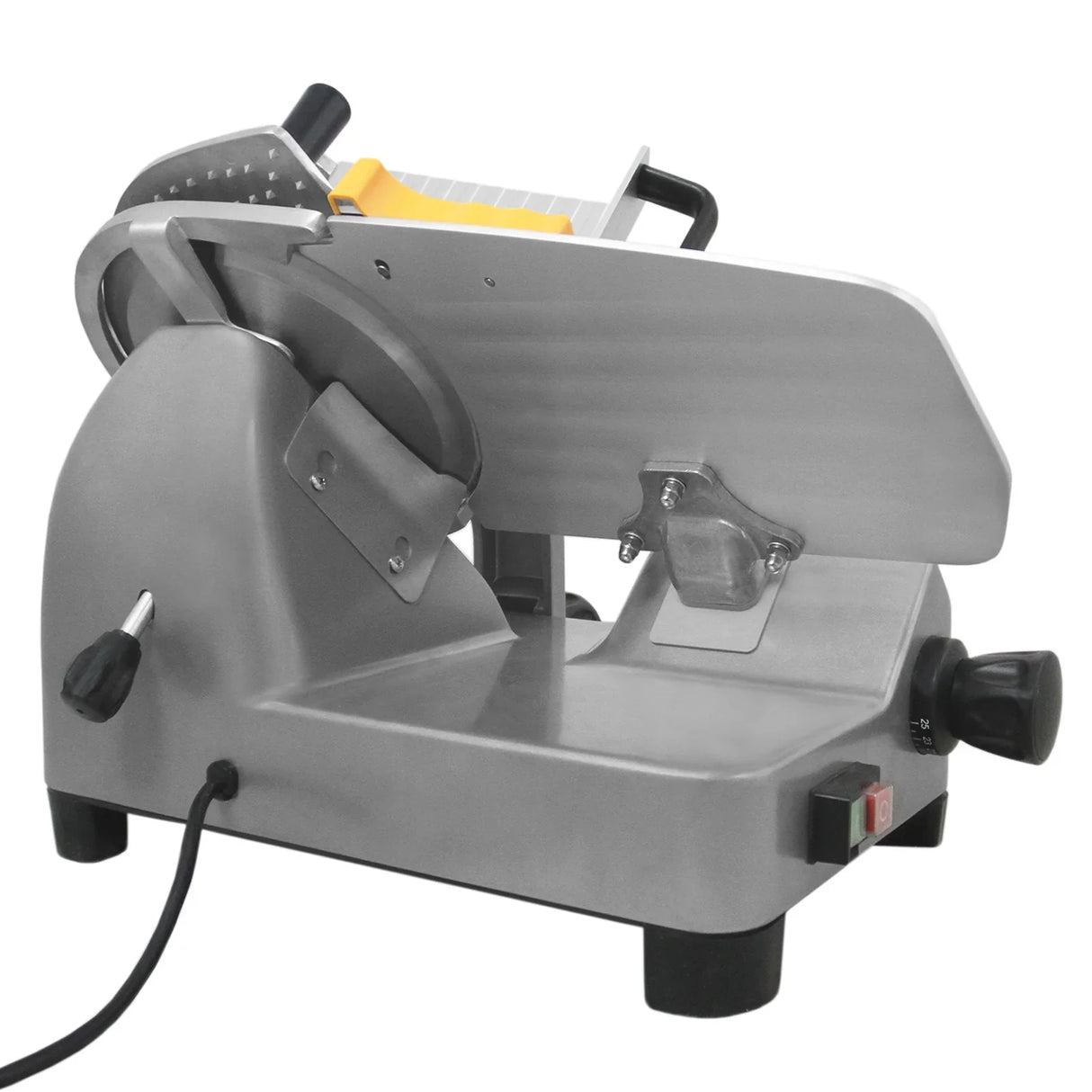 12-inch stainless steel meat slicer with adjustable thickness, sturdy base, and ergonomic handle for easy operation