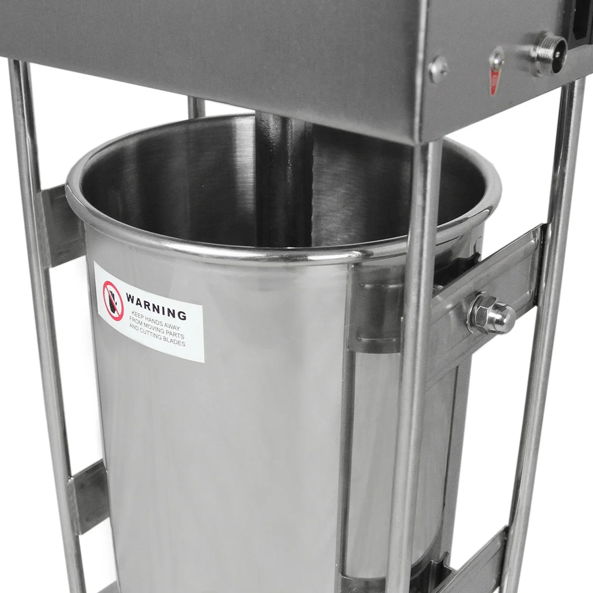 Stainless steel 15L electric sausage stuffer with a sturdy frame and warning label, showcasing a polished, shiny surface