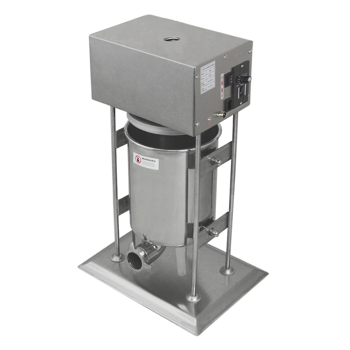 Stainless steel 15L electric sausage stuffer with sturdy base, control panel, and smooth cylindrical body for easy operation