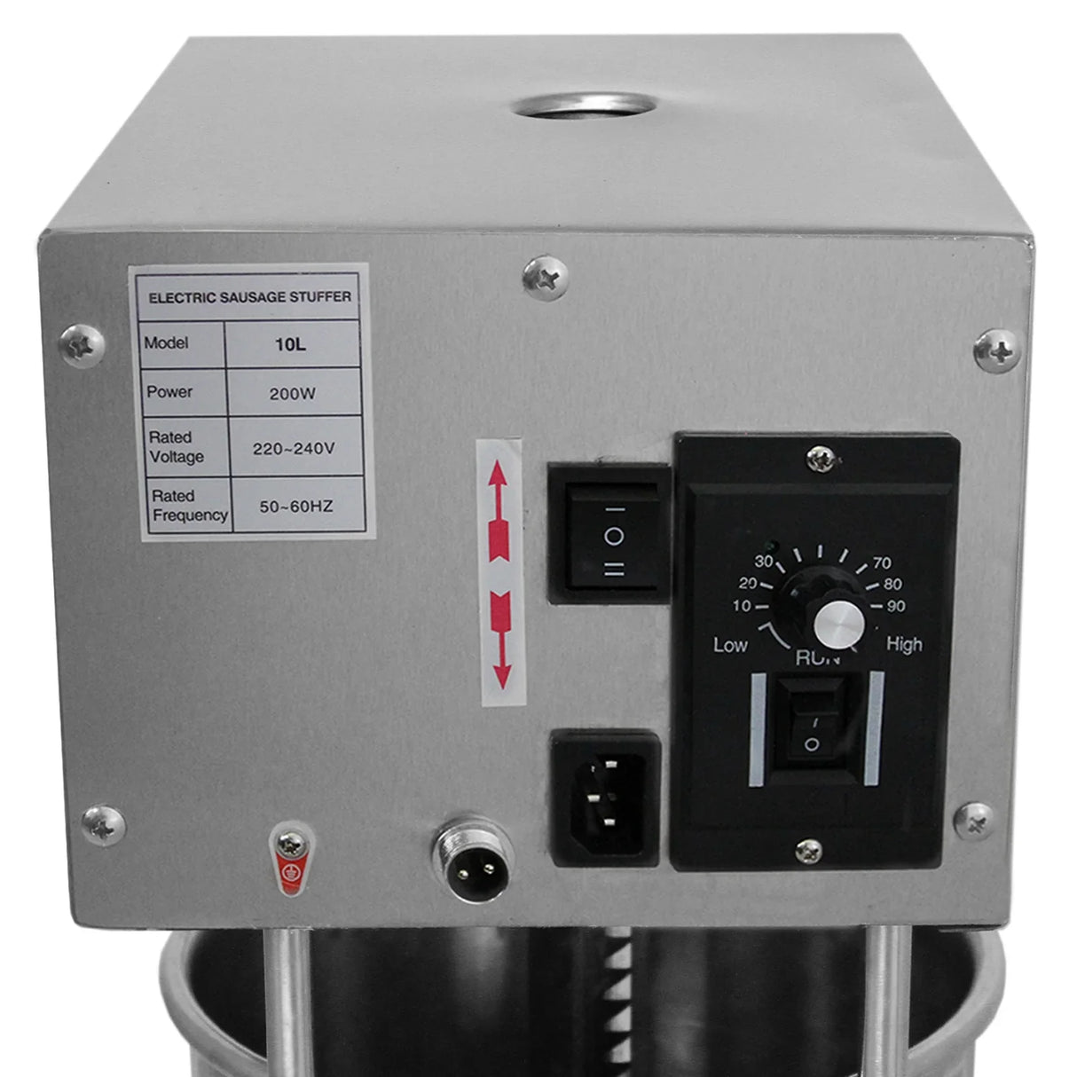 Stainless steel electric sausage stuffer with control panel, power switch, and adjustable speed settings for efficient use