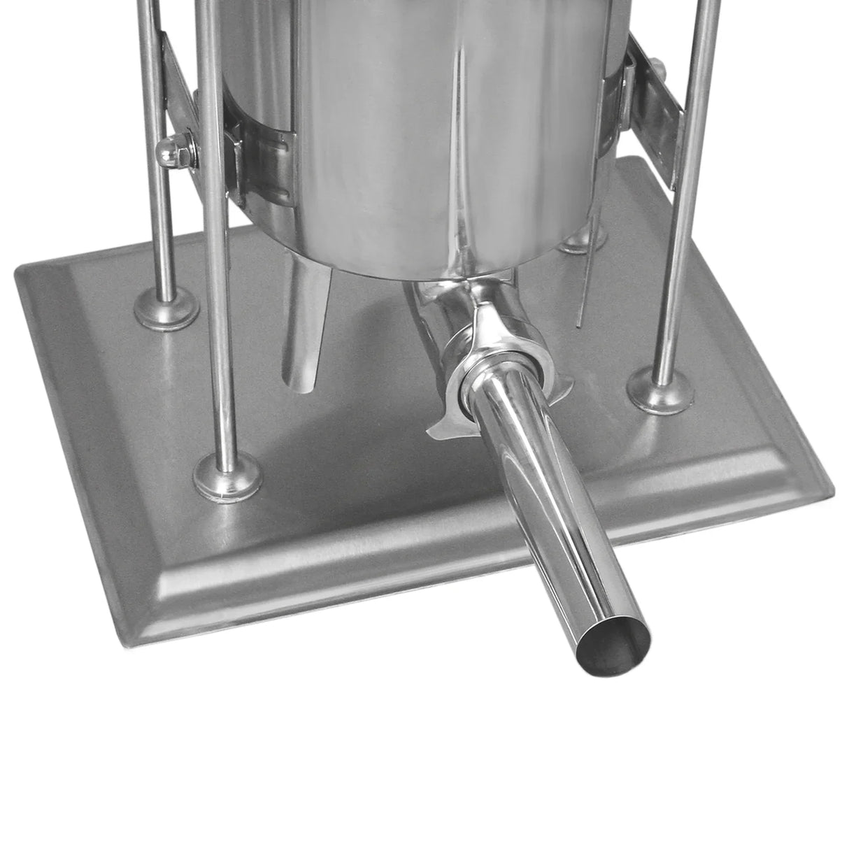 Stainless steel 15L electric sausage stuffer with a sturdy base, featuring a large filling tube and sleek, polished finish