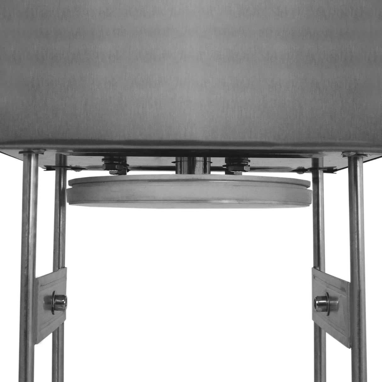 Stainless steel base of a 15L electric sausage stuffer, featuring sturdy legs and a circular plate for stability