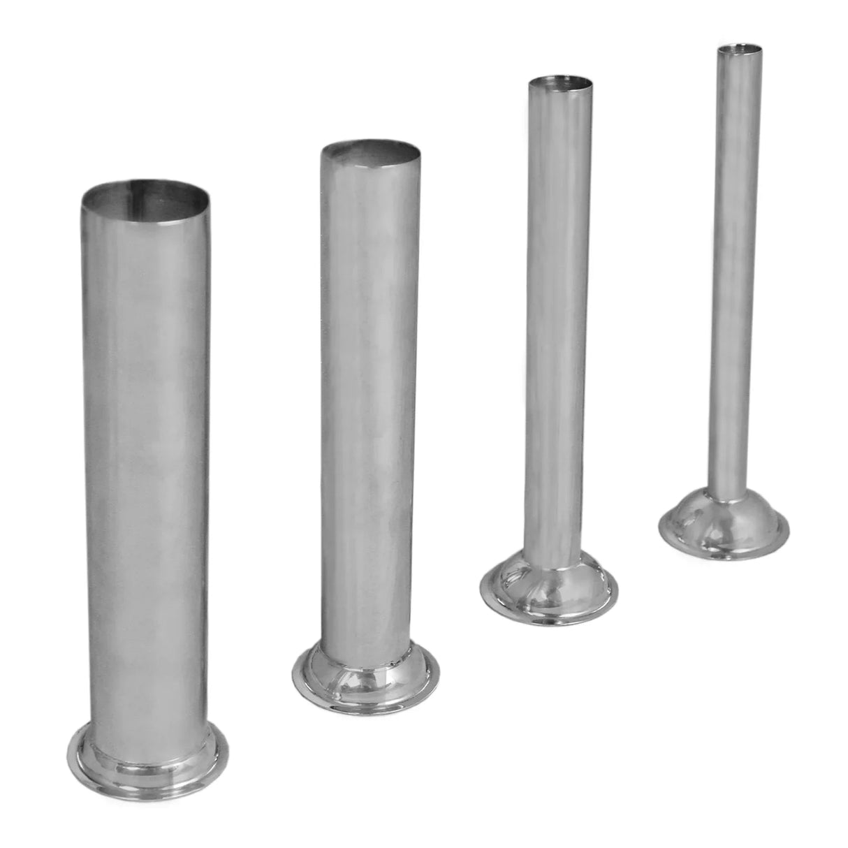 Four stainless steel sausage stuffing tubes in varying diameters, designed for use with a 15L electric sausage stuffer