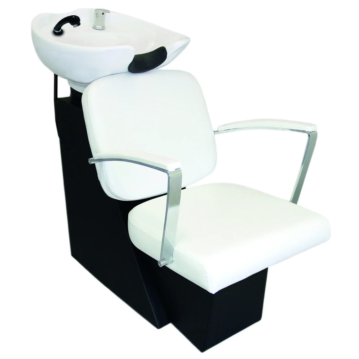 Stylish white salon backwash chair with sleek chrome arms, featuring a comfortable padded seat and integrated shampoo basin