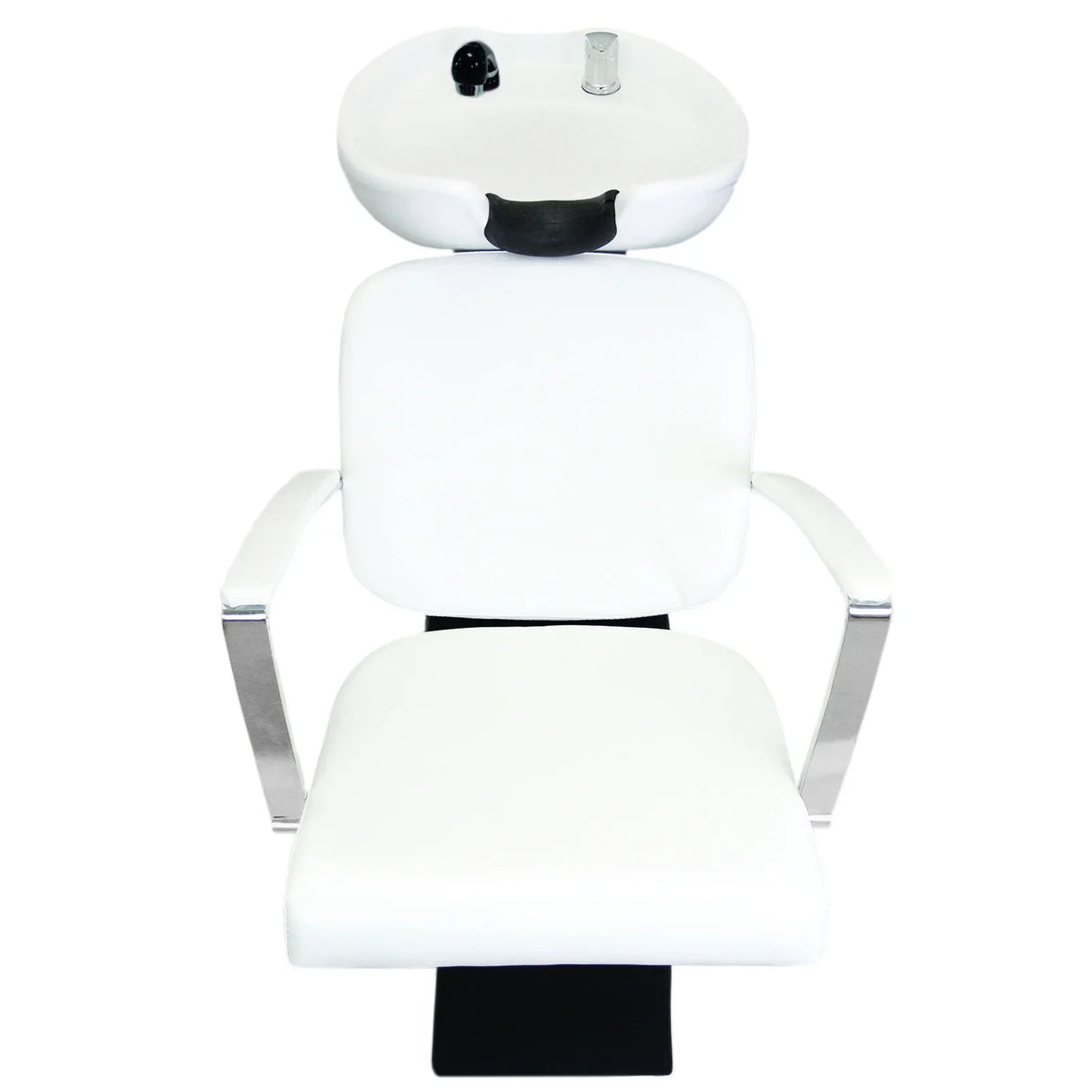 White salon backwash chair with sleek chrome arms and a modern basin, featuring a comfortable padded seat and minimalist design