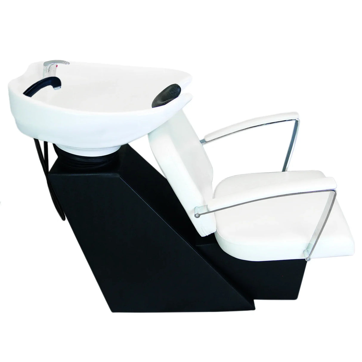 Sleek white salon backwash chair with a modern design, featuring a comfortable seat, chrome armrests, and a black base for stability