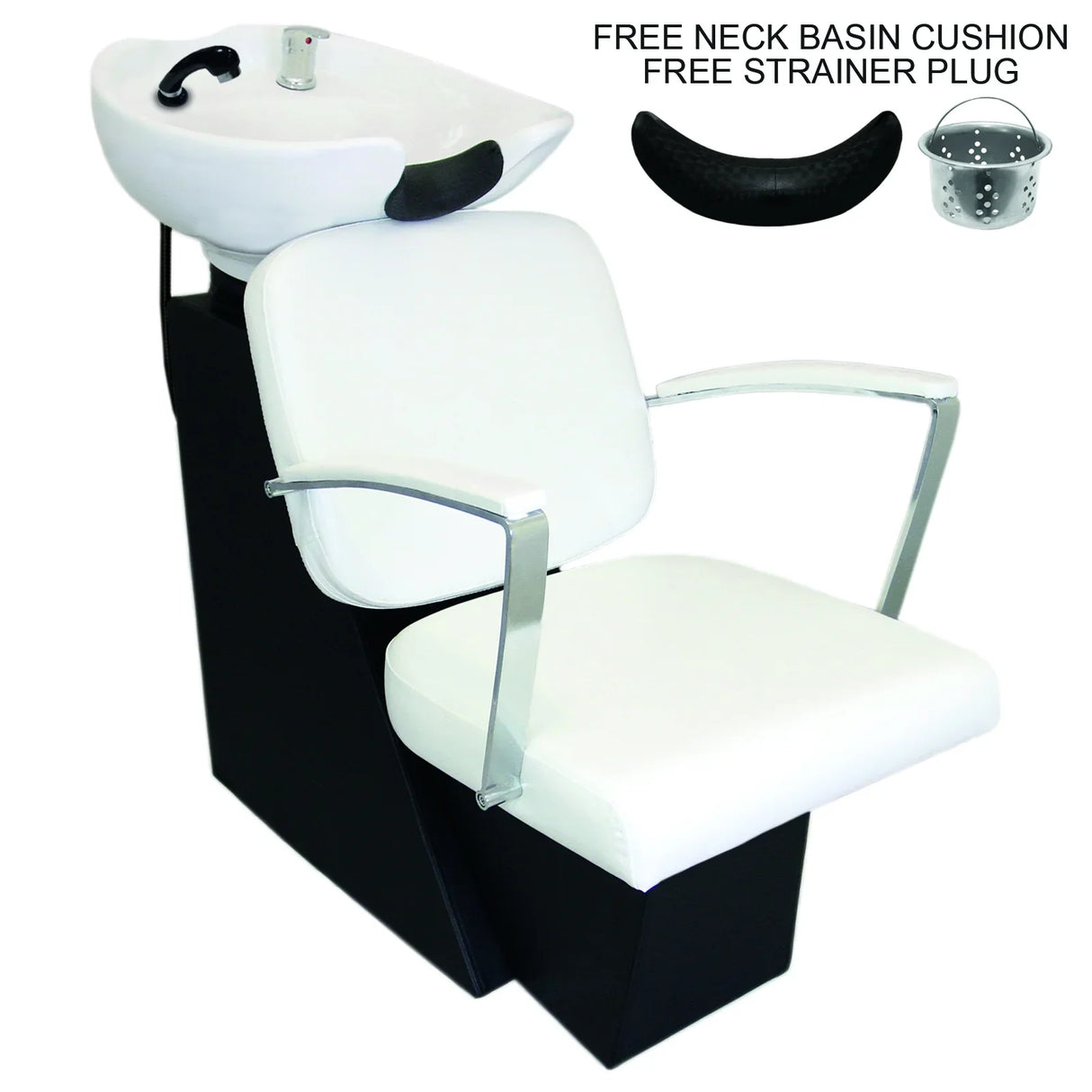 Sleek white salon backwash chair with a comfortable padded seat, chrome armrests, and integrated shampoo basin for hair washing