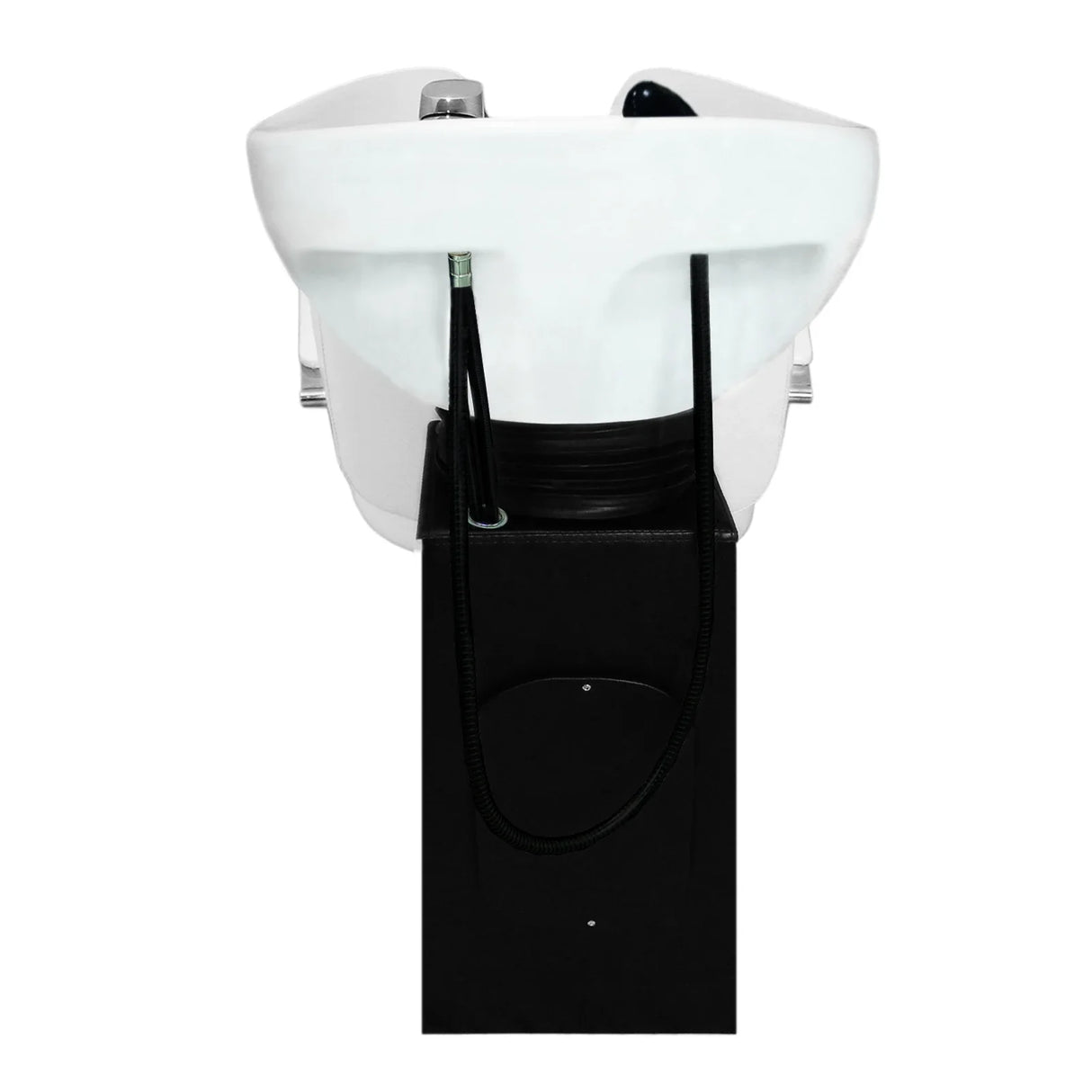 Sleek white salon backwash chair with a modern design, featuring a comfortable basin and a sturdy black base for stability