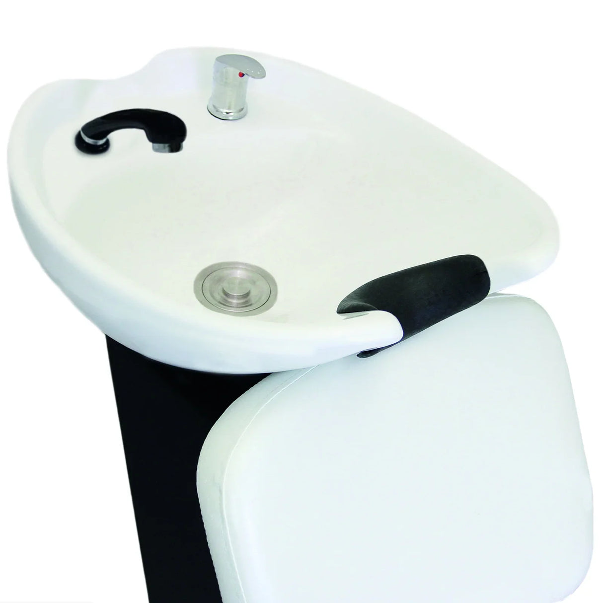 Sleek white salon backwash chair with a curved basin, black accents, and a comfortable padded seat for client relaxation