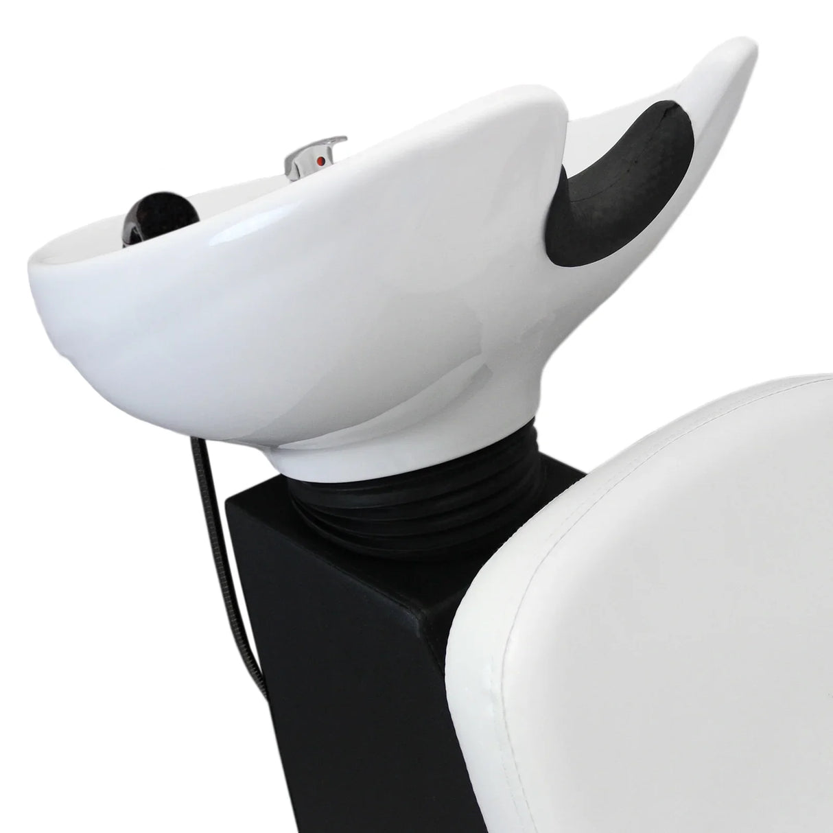 Sleek white salon backwash chair with a curved basin, black accents, and a comfortable padded seat for a modern styling experience