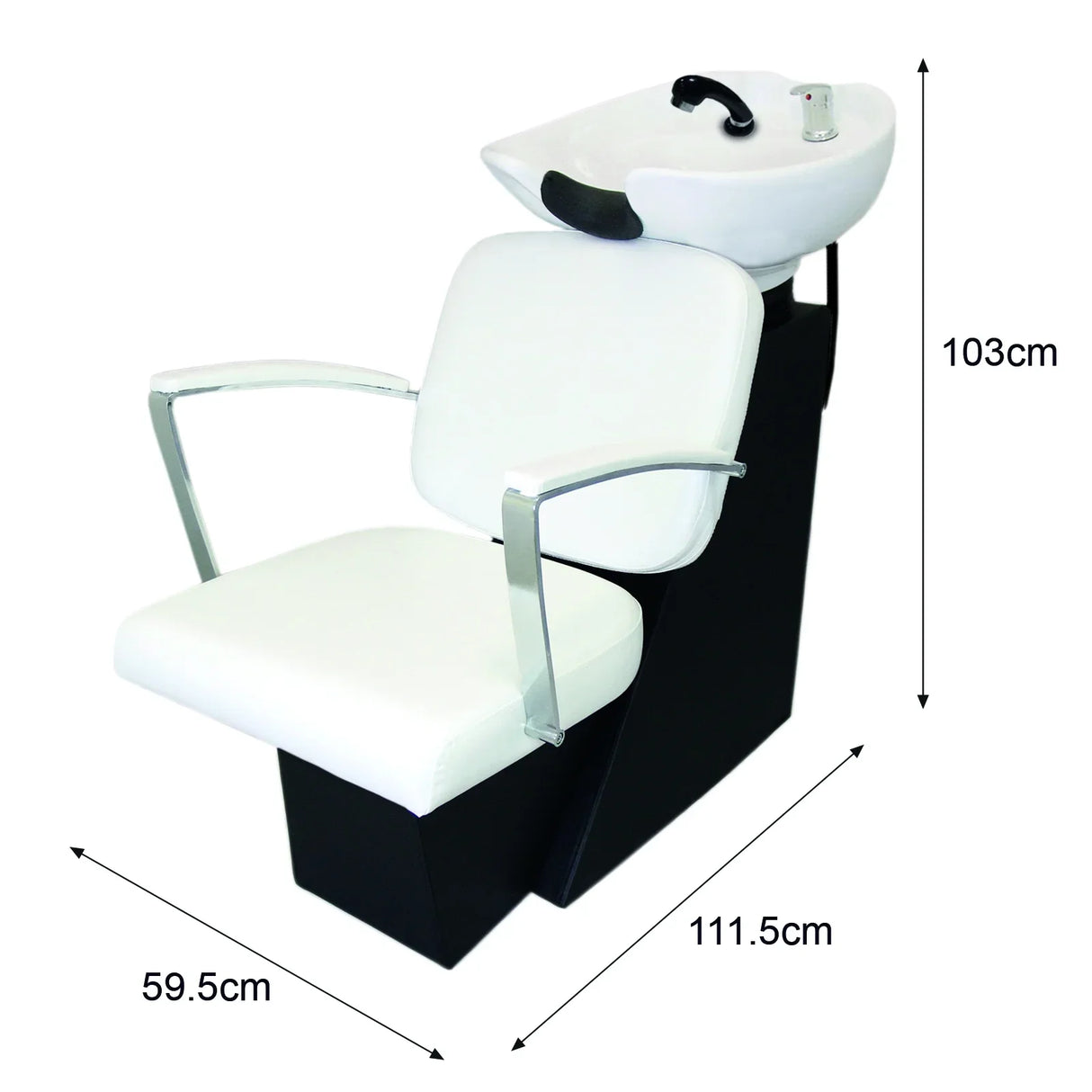 Stylish white salon backwash chair with sleek chrome arms, featuring a comfortable seat and integrated shampoo basin for easy use
