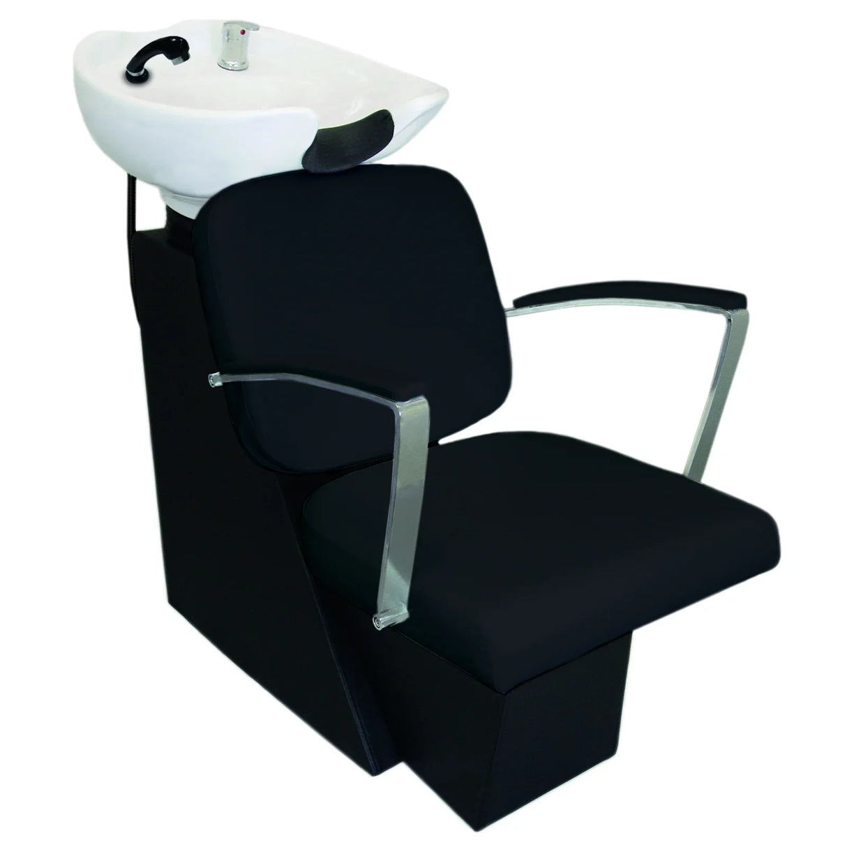 Black salon backwash chair with a sleek design, featuring a comfortable seat, chrome armrests, and a white basin for washing hair