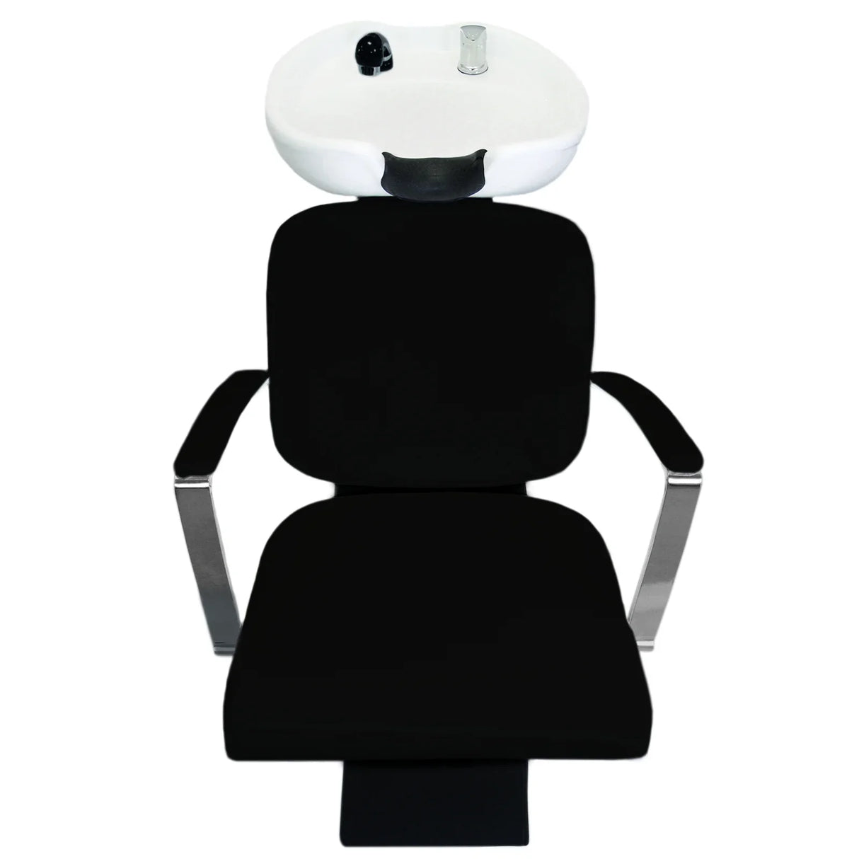 Black salon backwash chair with sleek design, padded seat, chrome armrests, and integrated white wash basin for hair washing
