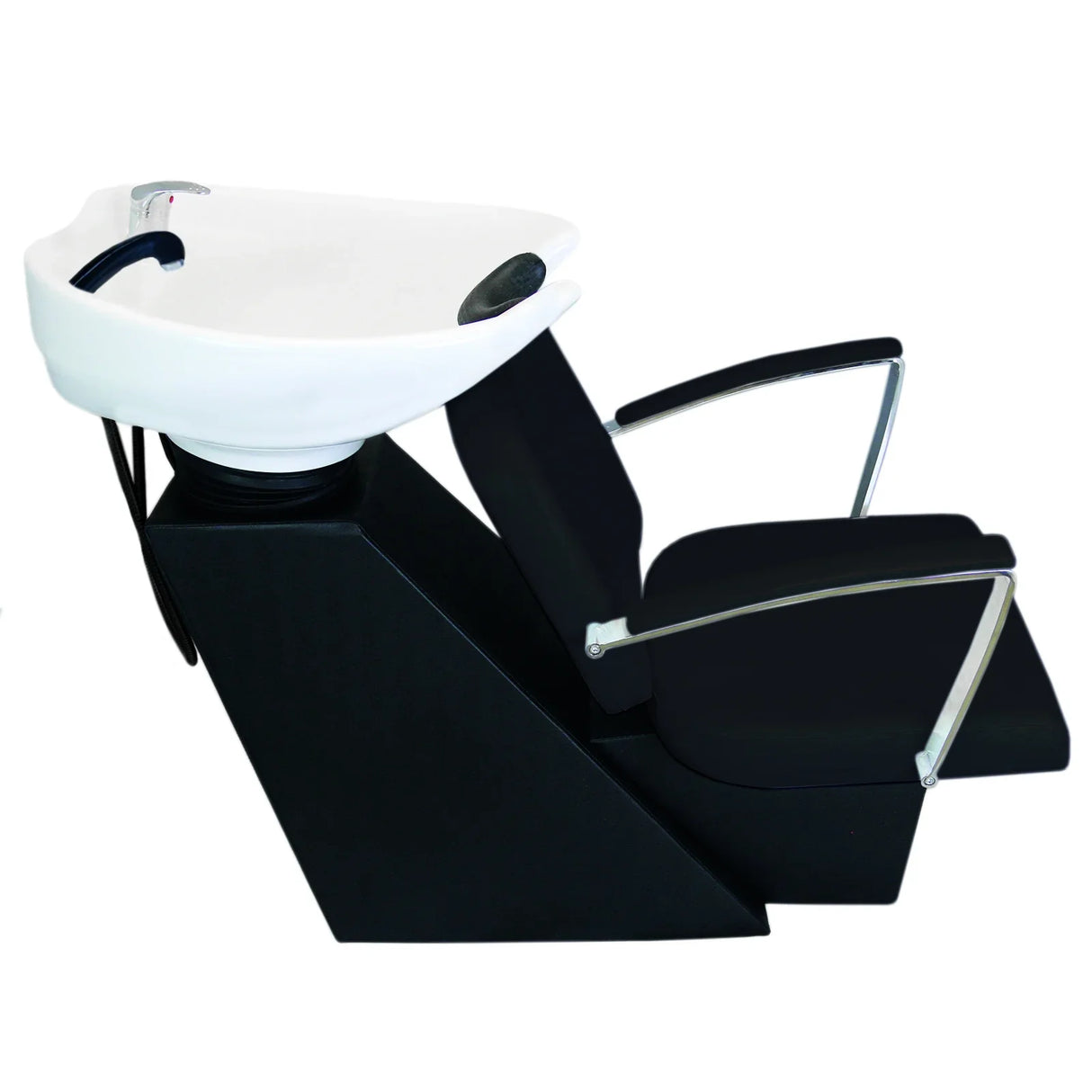 Sleek black salon backwash chair with a modern design, featuring a white shampoo basin and chrome armrests for comfort and style