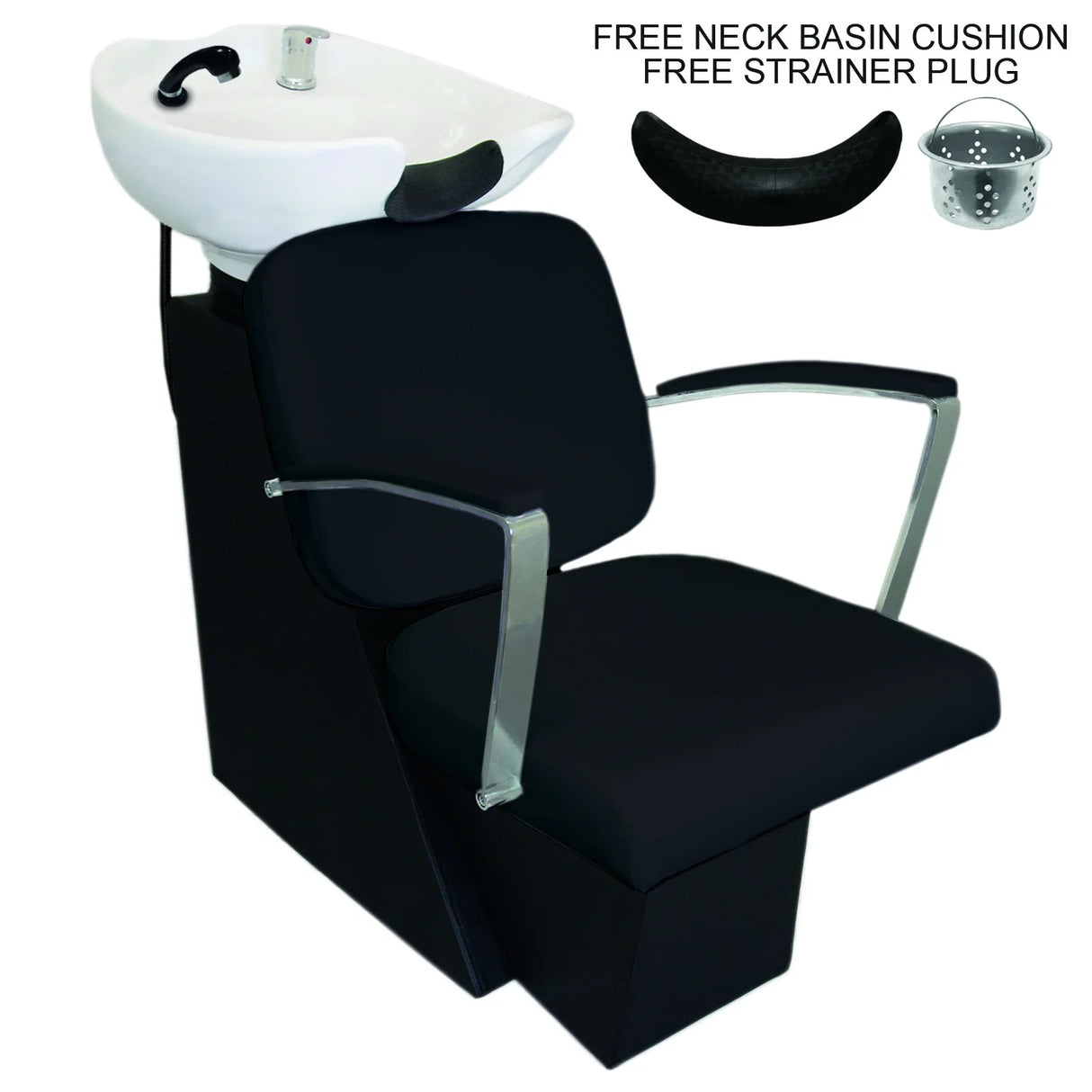 Black salon backwash chair with sleek chrome arms, cushioned seat, and integrated wash basin, includes neck cushion and strainer plug