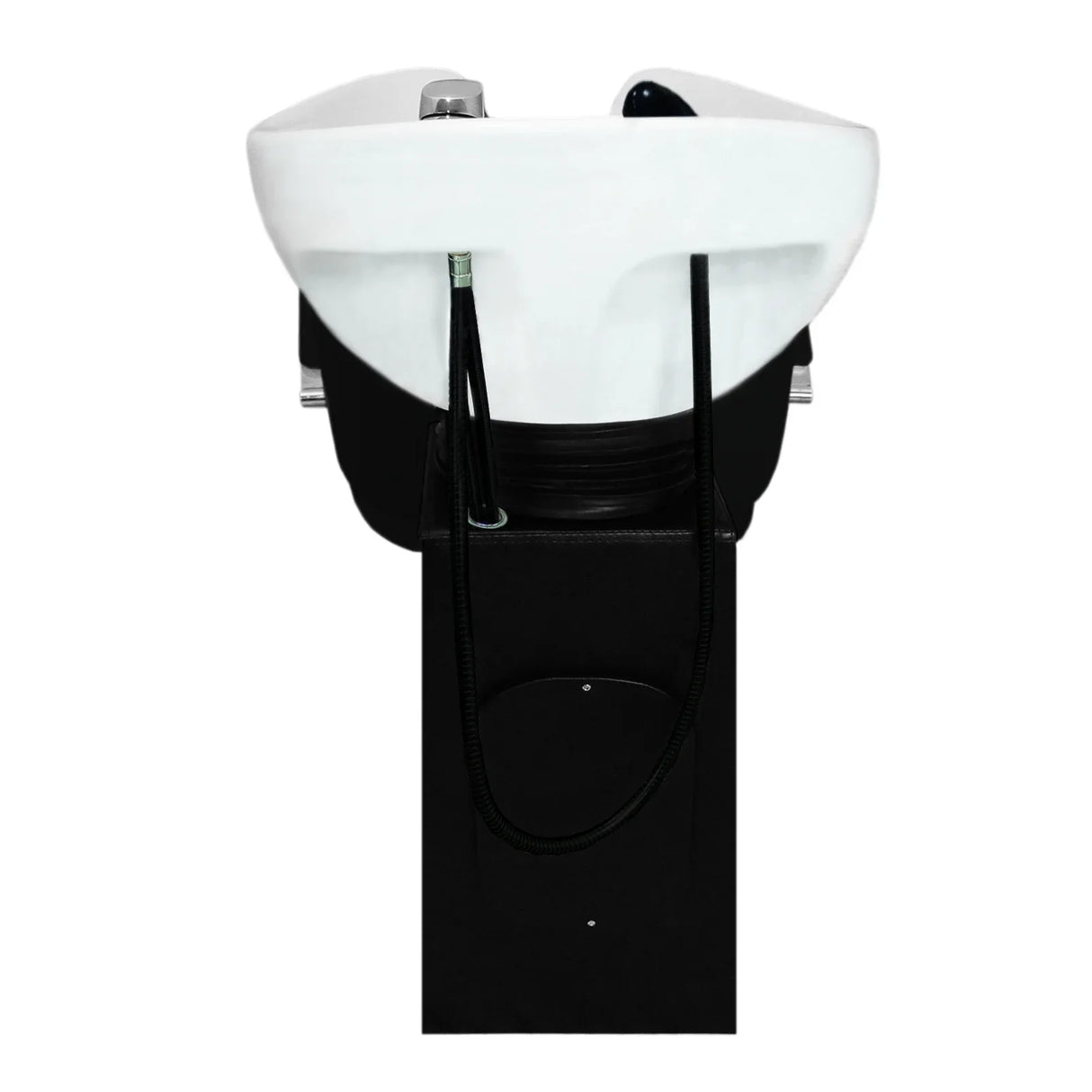 Sleek black salon backwash chair with a white basin, featuring a modern design and comfortable cushioning for client relaxation