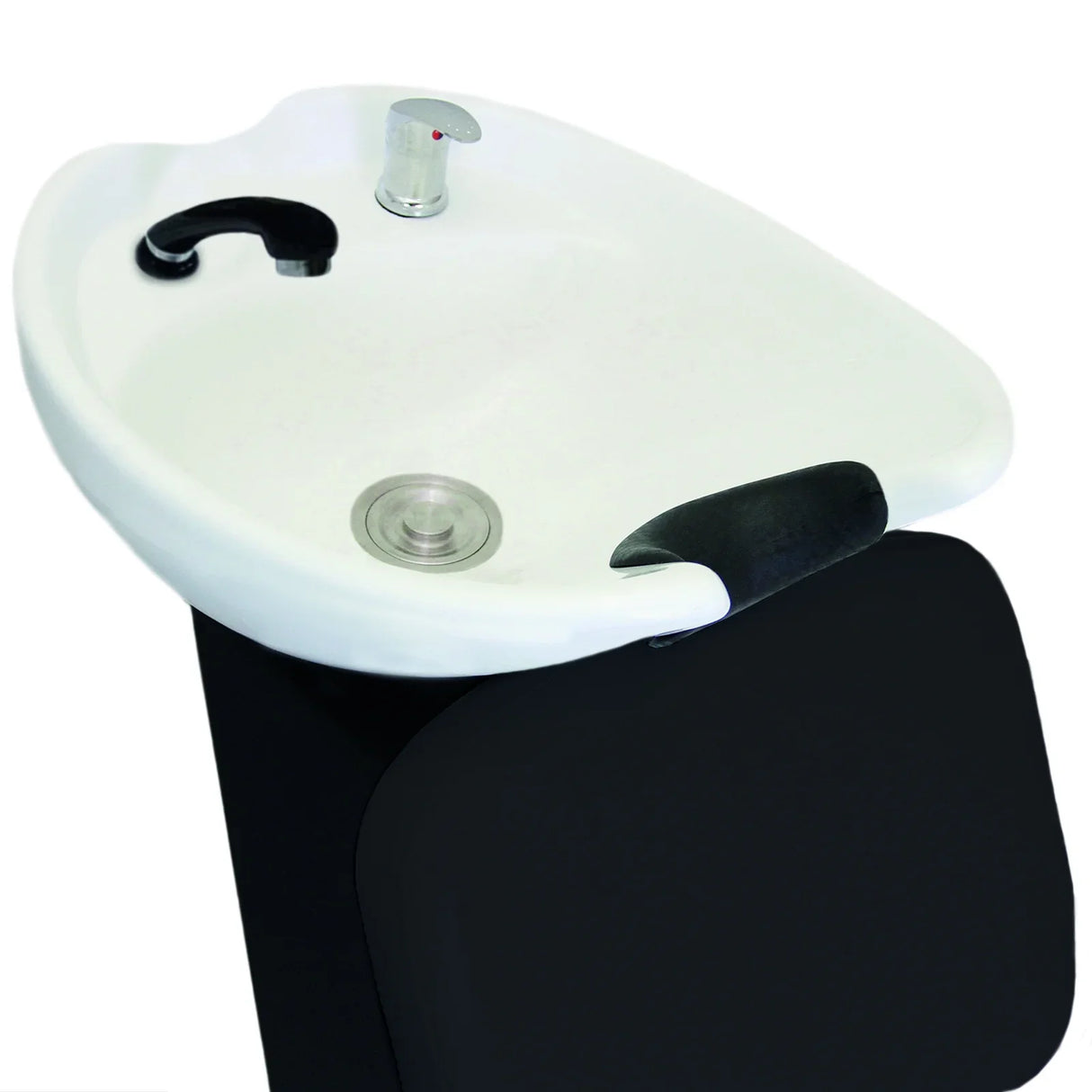Sleek black salon backwash chair featuring a modern white sink, ergonomic design, and smooth, easy-to-clean surfaces