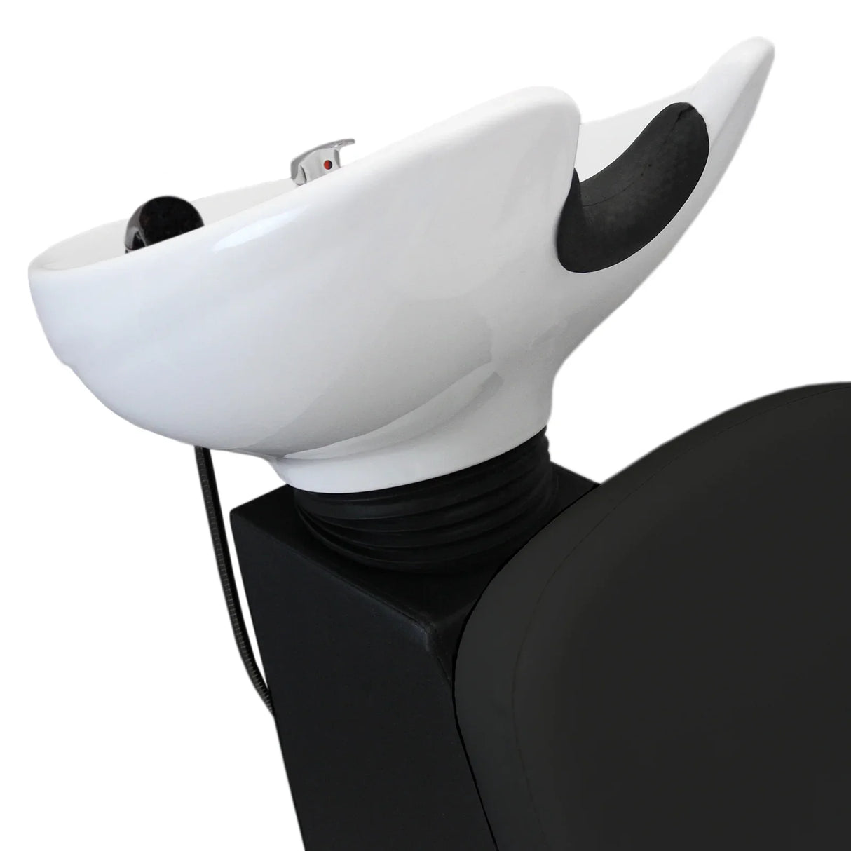 Sleek black salon backwash chair featuring a modern white shampoo bowl, ergonomic design, and comfortable cushioning for clients