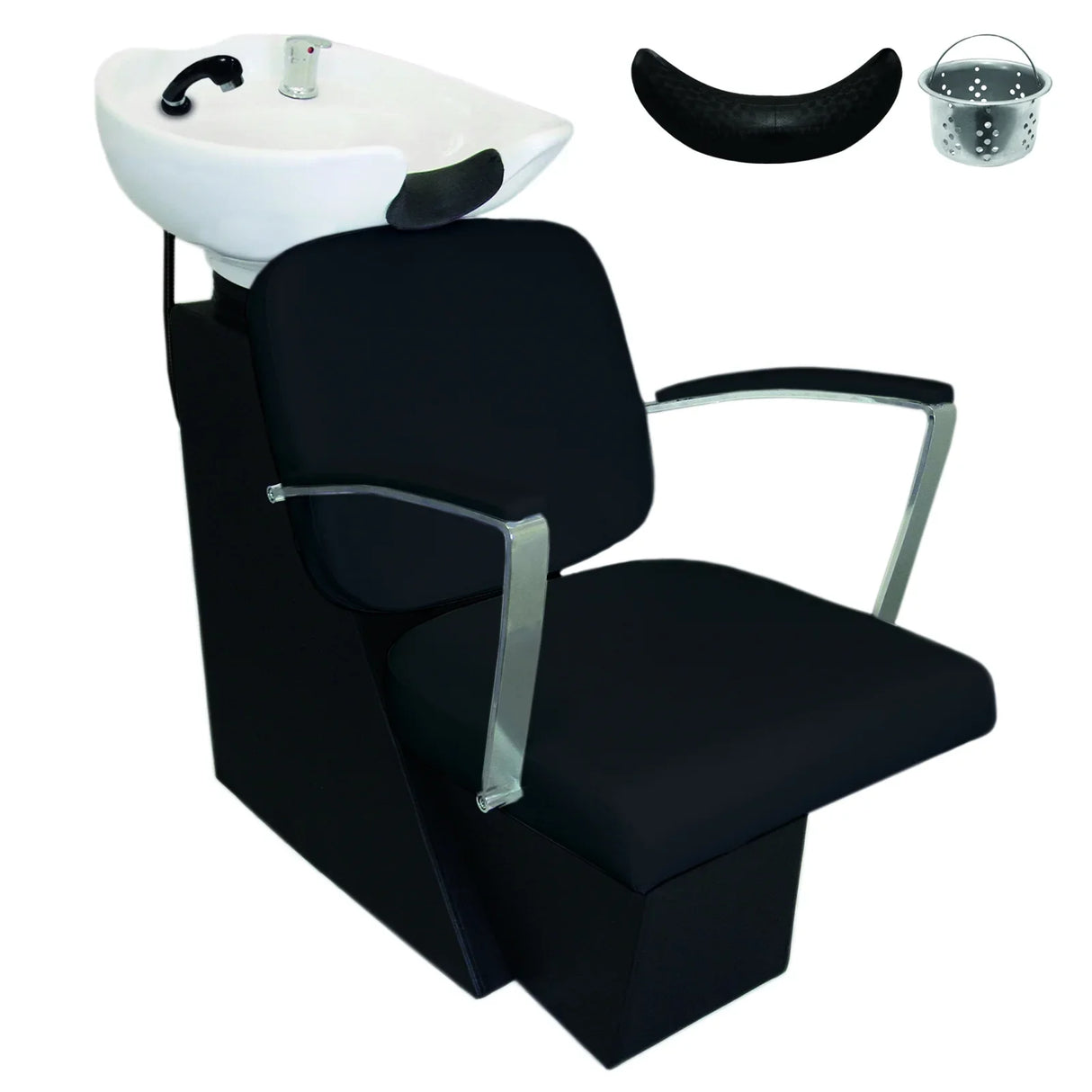 Black salon backwash chair with sleek design, padded seat, chrome armrests, and integrated wash basin for comfort and style