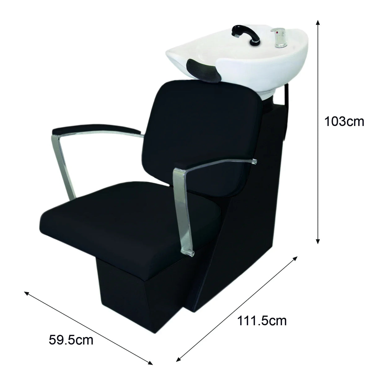 Black salon backwash chair with sleek design, padded seat, chrome armrests, and integrated sink for comfortable hair washing