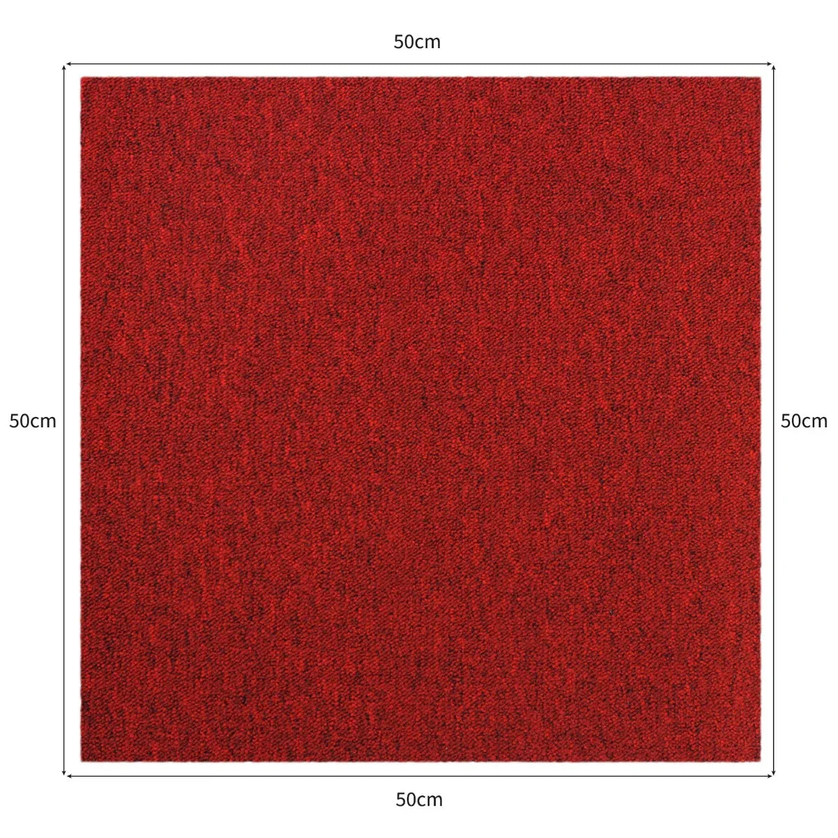 Scarlet red carpet tile with a textured surface, measuring 50cm x 50cm, ideal for stylish flooring solutions in various spaces