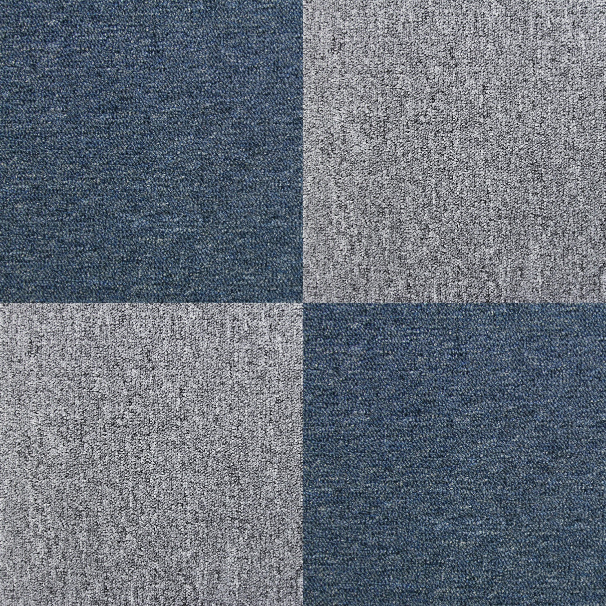 Storm blue and gray carpet tiles in a checkerboard pattern, showcasing a soft texture and durable material, ideal for flooring