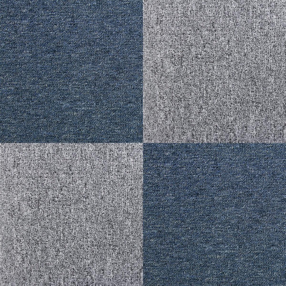 Storm blue and gray carpet tiles in a checkerboard pattern, showcasing a soft texture and durable material, ideal for versatile flooring solutions