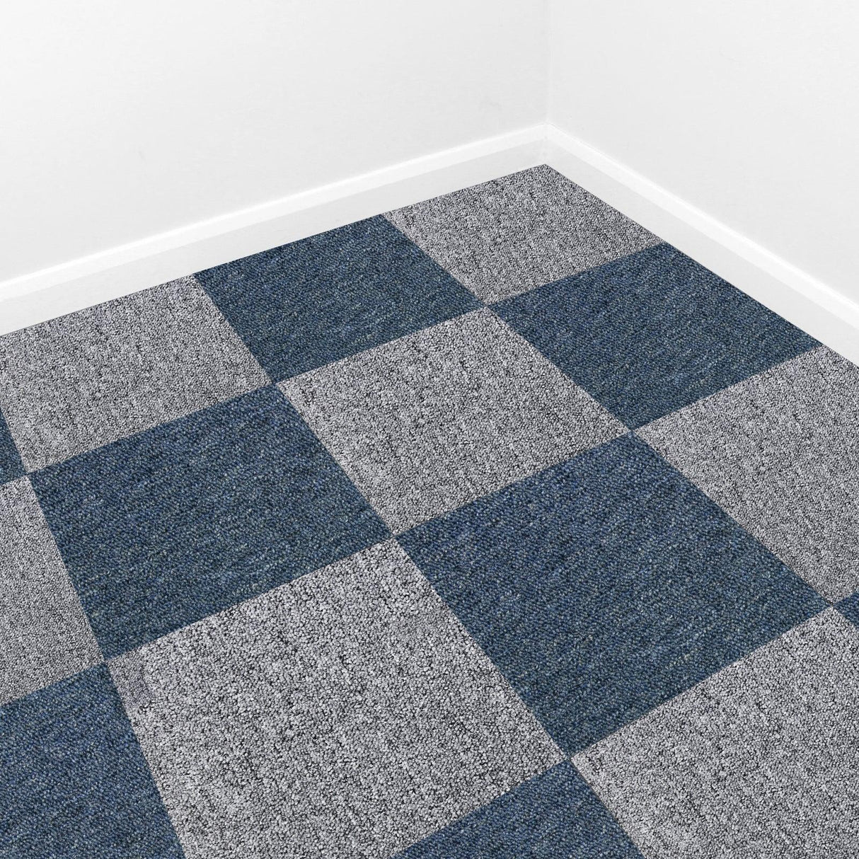 Storm blue and gray carpet tiles arranged in a checkerboard pattern, showcasing a textured finish ideal for modern interiors