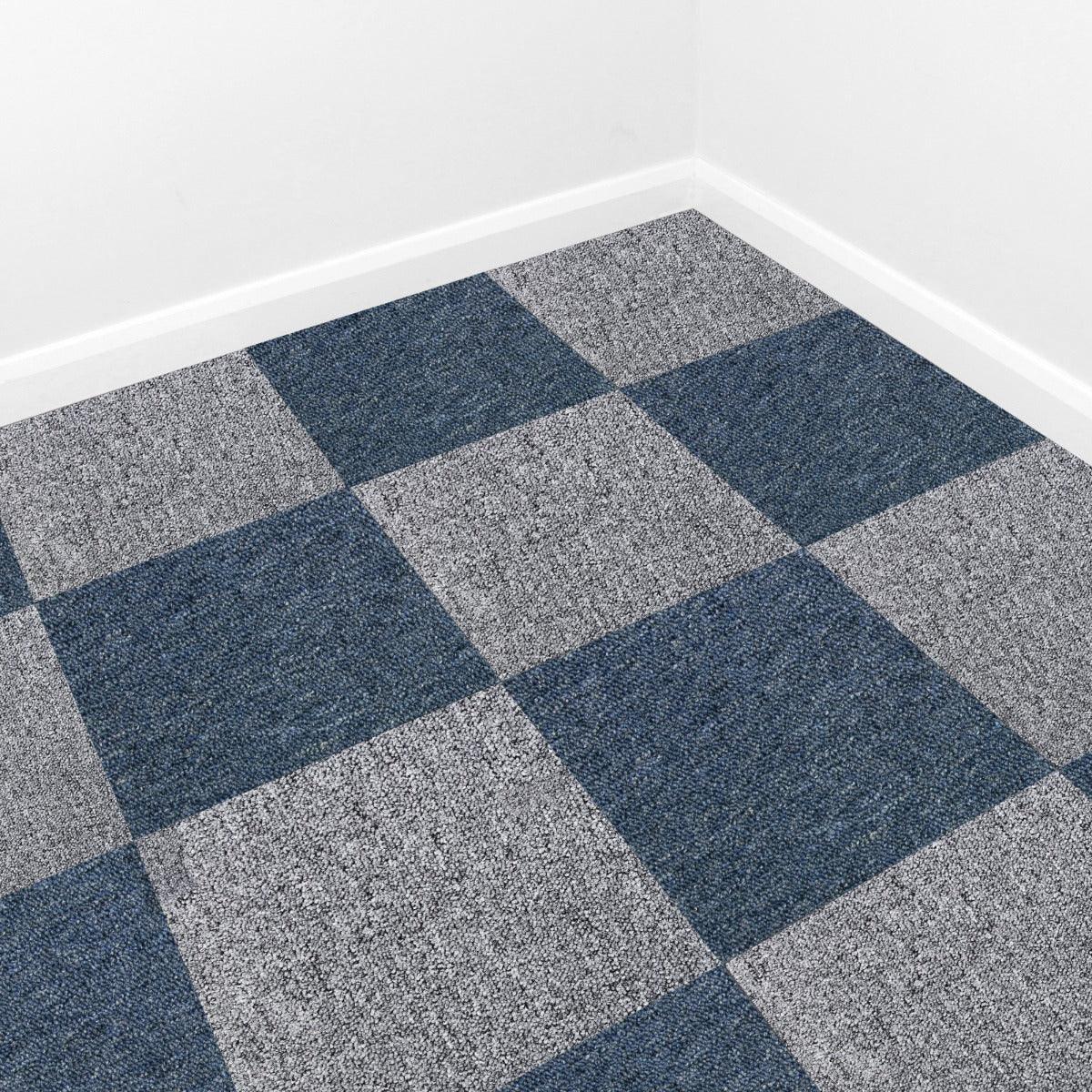 Storm blue and platinum grey carpet tiles arranged in a checkerboard pattern, showcasing a textured, durable surface ideal for flooring