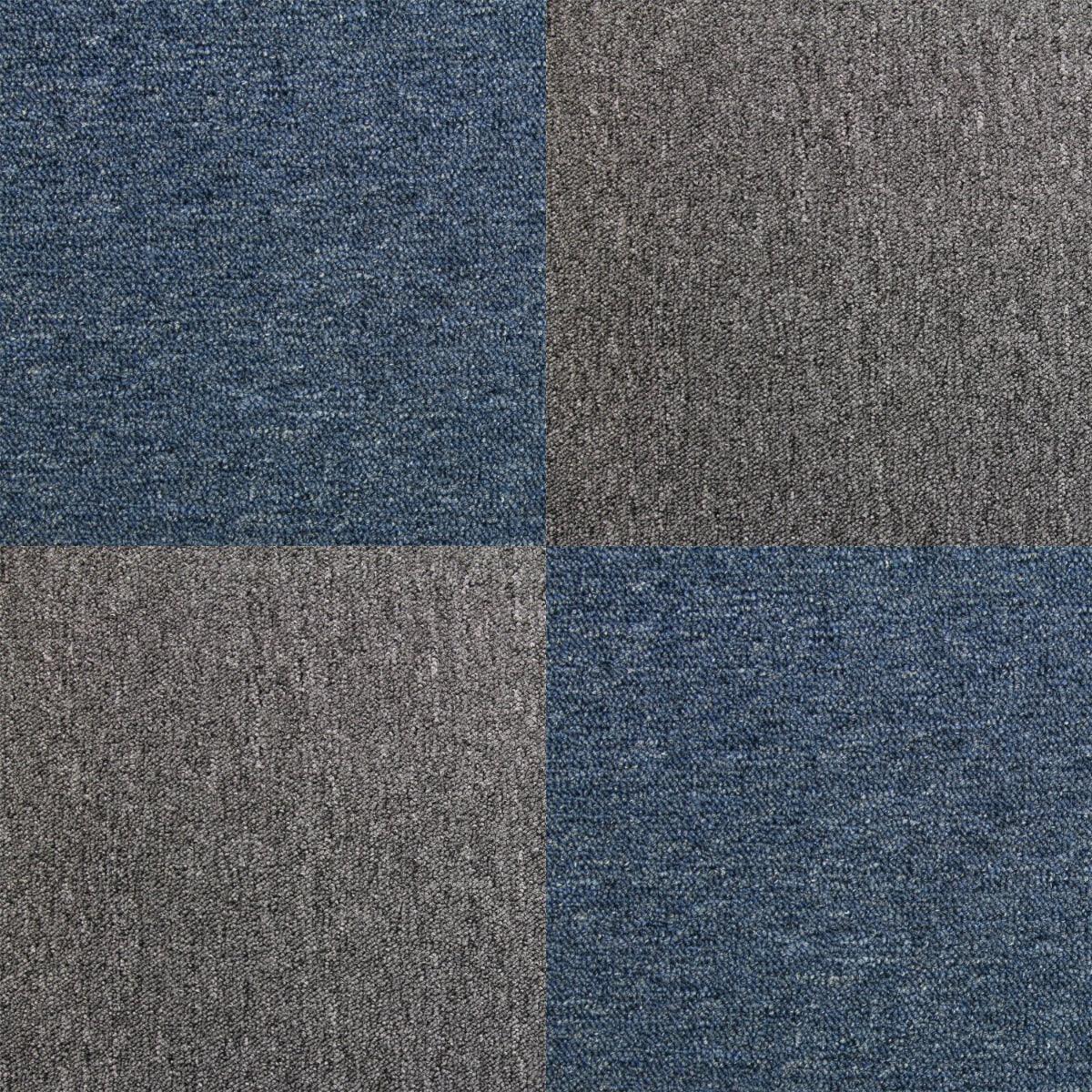 40 carpet tiles in storm blue and anthracite, featuring a soft, textured surface with a modern, geometric pattern suitable for various spaces