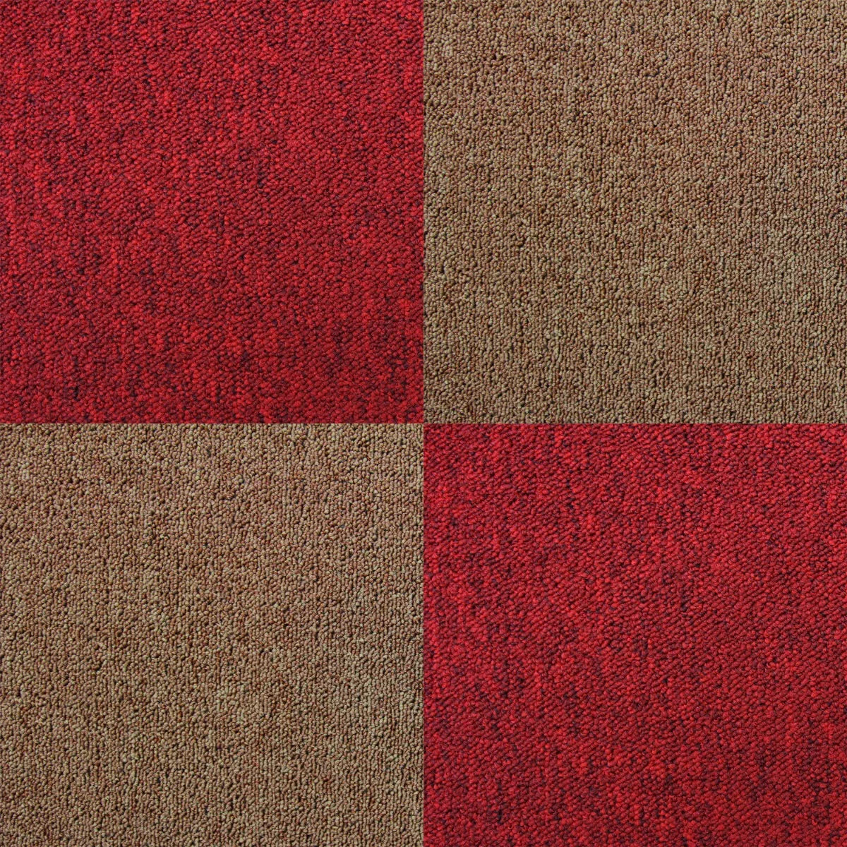 Scarlet red and sand carpet tiles with a textured finish, arranged in a checkerboard pattern, ideal for stylish flooring solutions