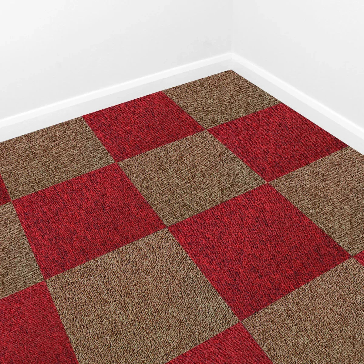 Scarlet red and sand carpet tiles arranged in a checkerboard pattern, showcasing a textured finish and vibrant colors in a room setting