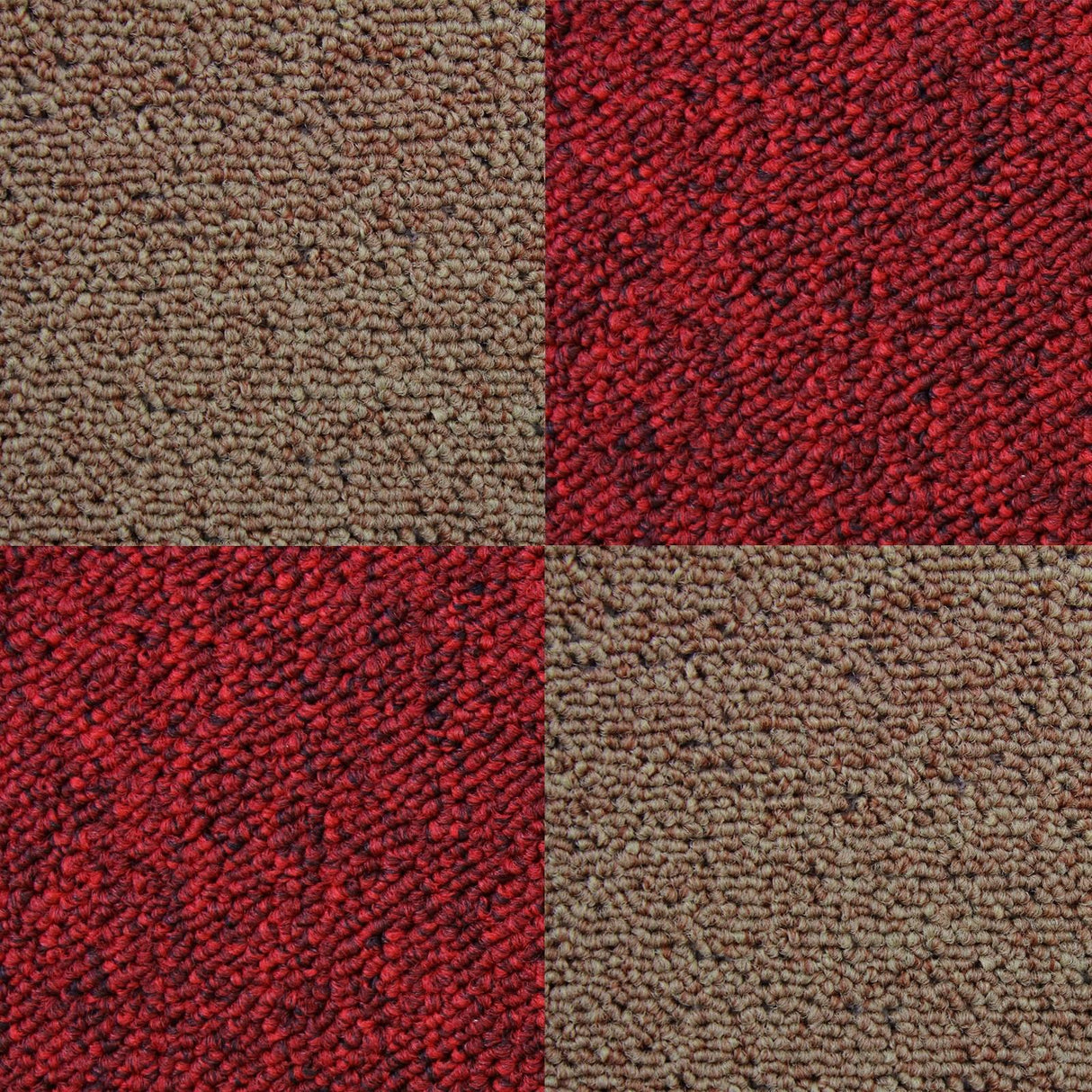 Scarlet red and sand carpet tiles, featuring a textured surface with a plush feel, arranged in a checkerboard pattern, ideal for flooring