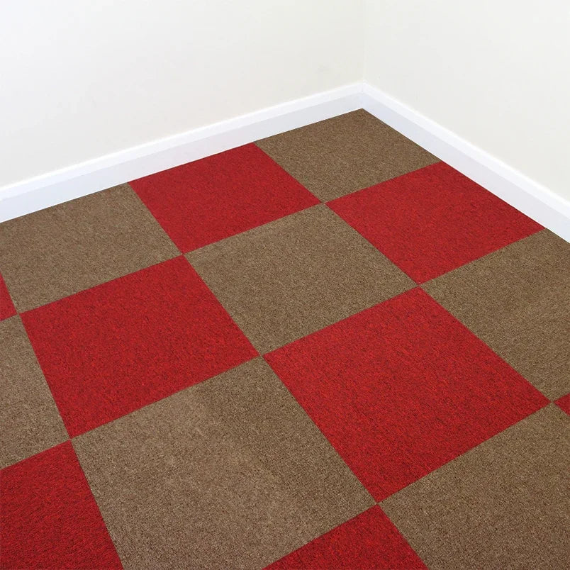 Scarlet red and sand carpet tiles arranged in a checkerboard pattern, showcasing a soft texture and vibrant color contrast in a corner setting