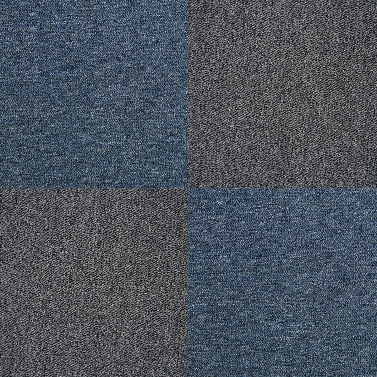 Storm blue and charcoal black carpet tiles, featuring a textured weave, ideal for stylish flooring solutions in any space