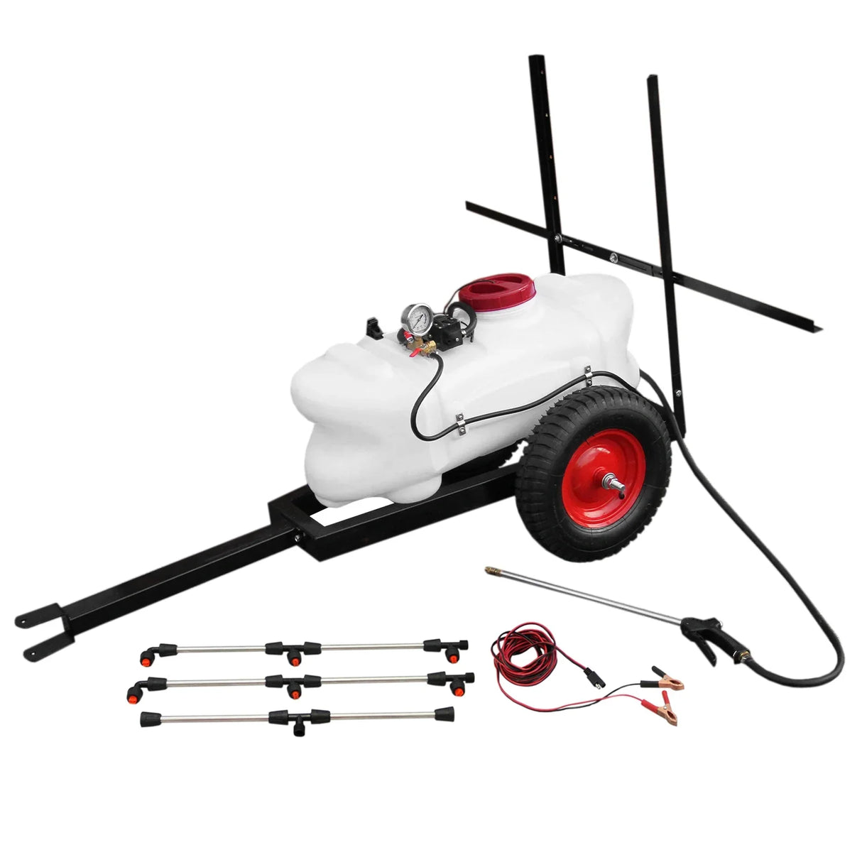 60L ATV trailer and sprayer with a white tank, red accents, black frame, and adjustable spray nozzles for versatile use