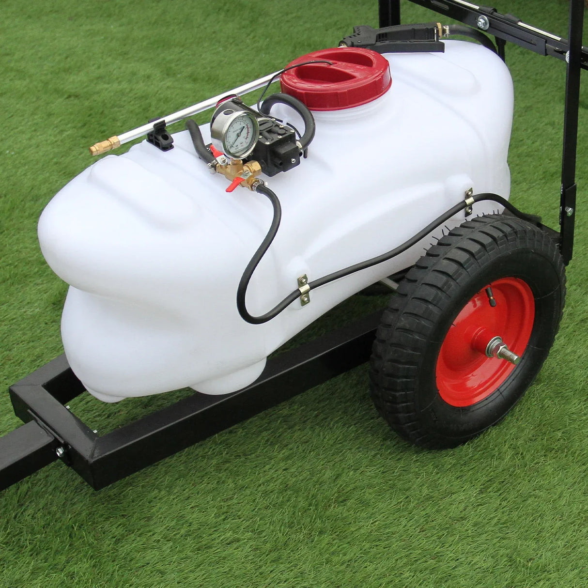 60L ATV trailer sprayer featuring a white tank with red cap, pressure gauge, and durable black frame on sturdy wheels