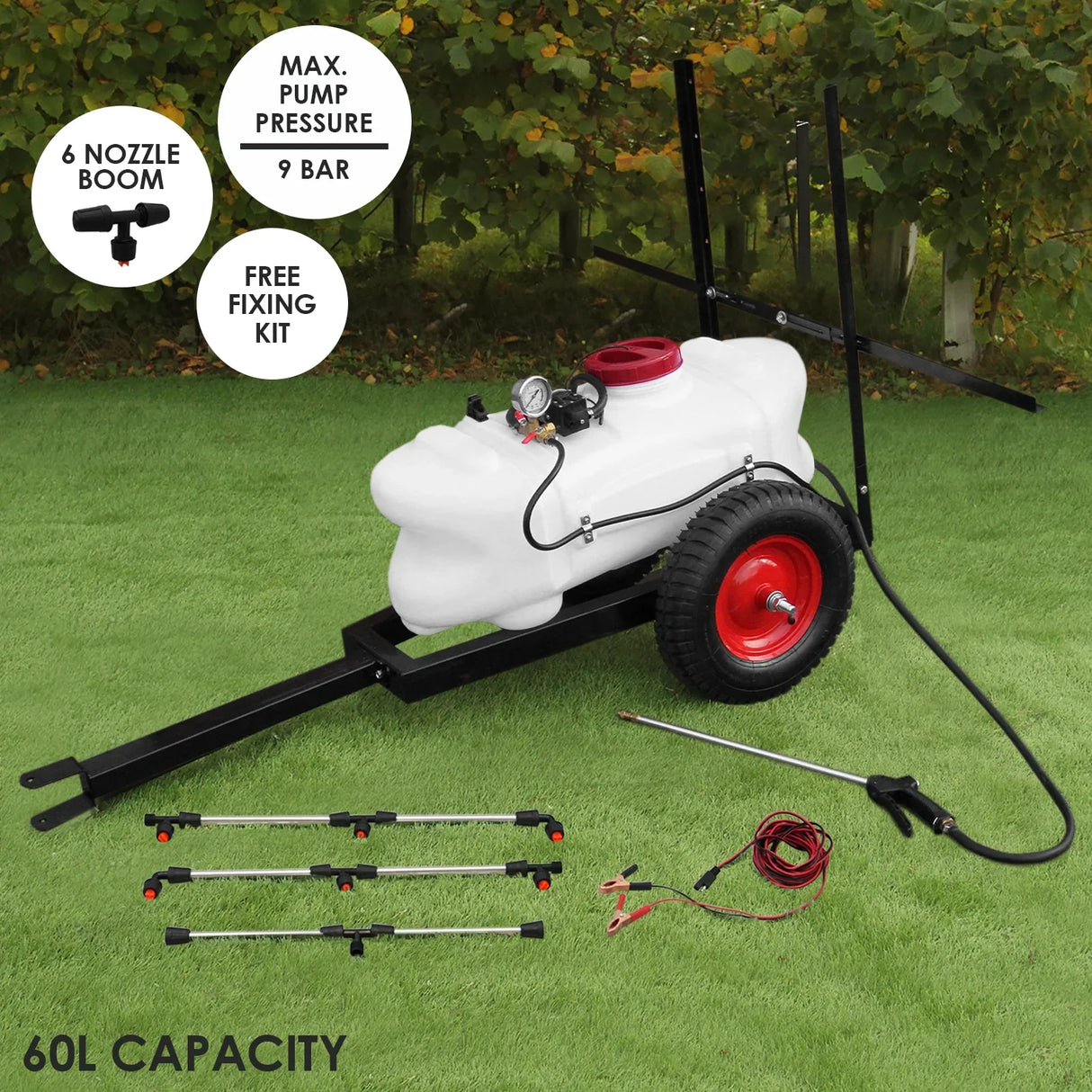 60L ATV trailer sprayer with a white tank, red wheels, six-nozzle boom, and a free fixing kit, ideal for efficient spraying tasks