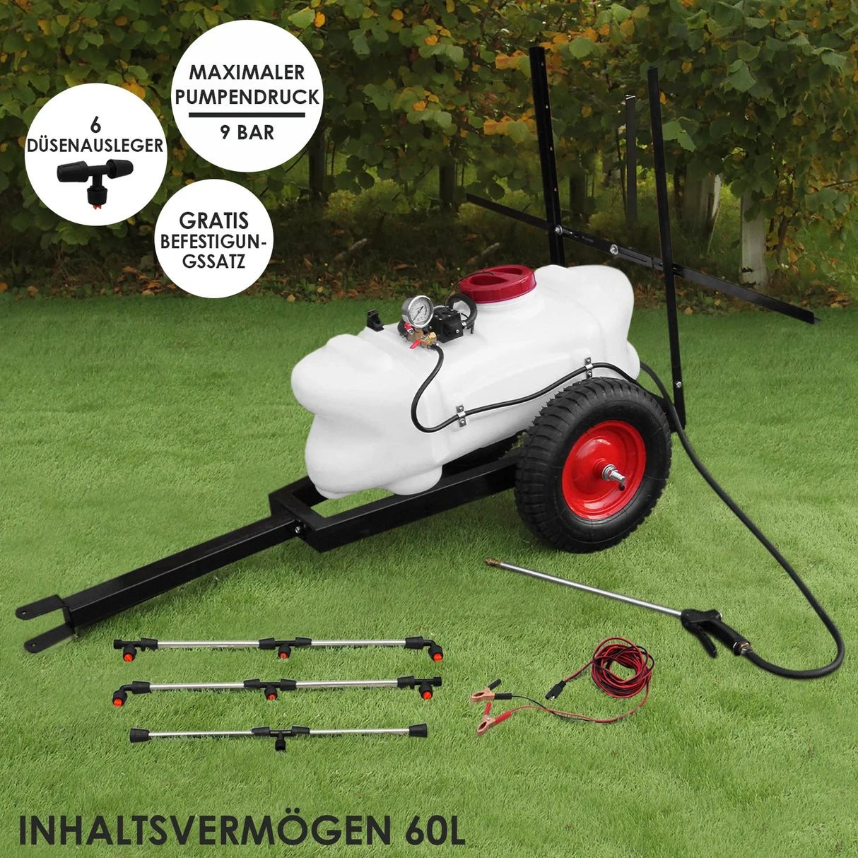 60L ATV trailer sprayer with a white tank, red wheels, and adjustable spray nozzles, ideal for efficient outdoor spraying tasks