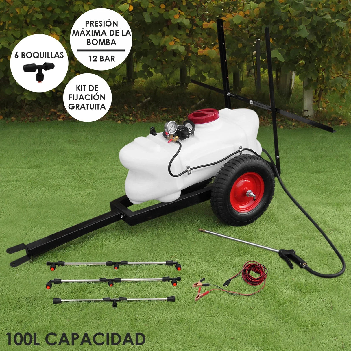 100L ATV trailer sprayer with white tank, red wheels, black frame, and adjustable spray nozzles on green grass background
