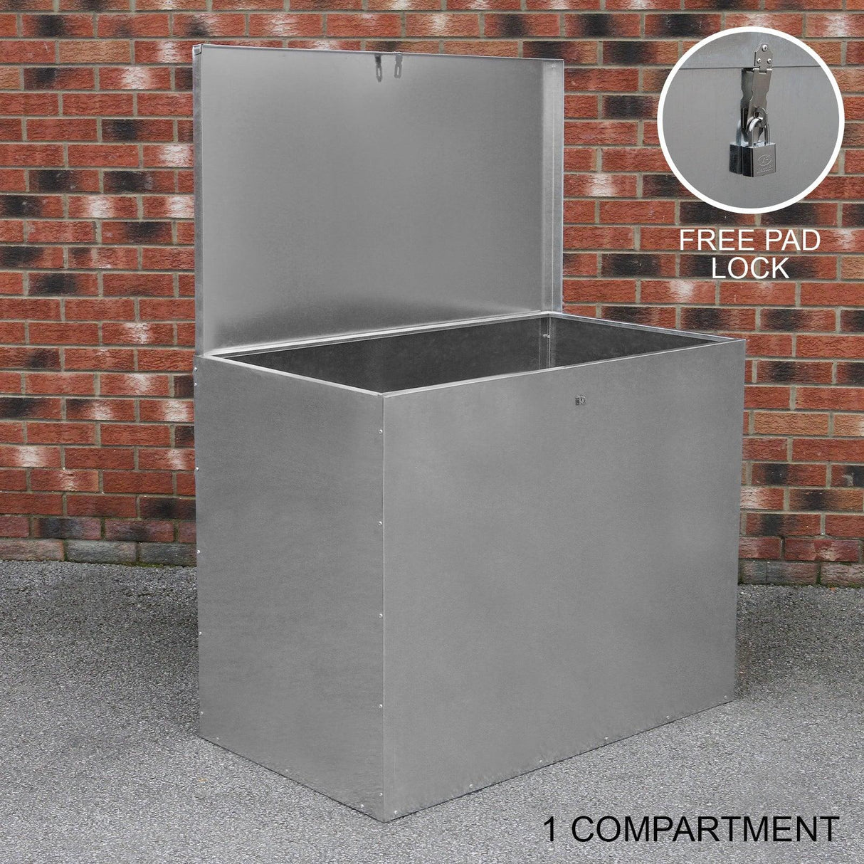 Galvanised feed store with a single compartment, featuring a shiny metallic finish, sturdy construction, and a free padlock for security