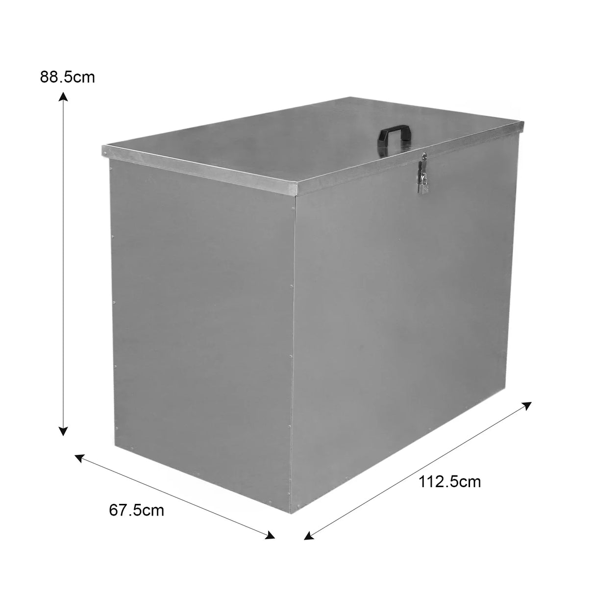 Galvanised feed store with a single compartment, featuring a sleek metallic finish, sturdy handle, and secure latch, measuring 112.5cm x 67.5cm x 88.5cm