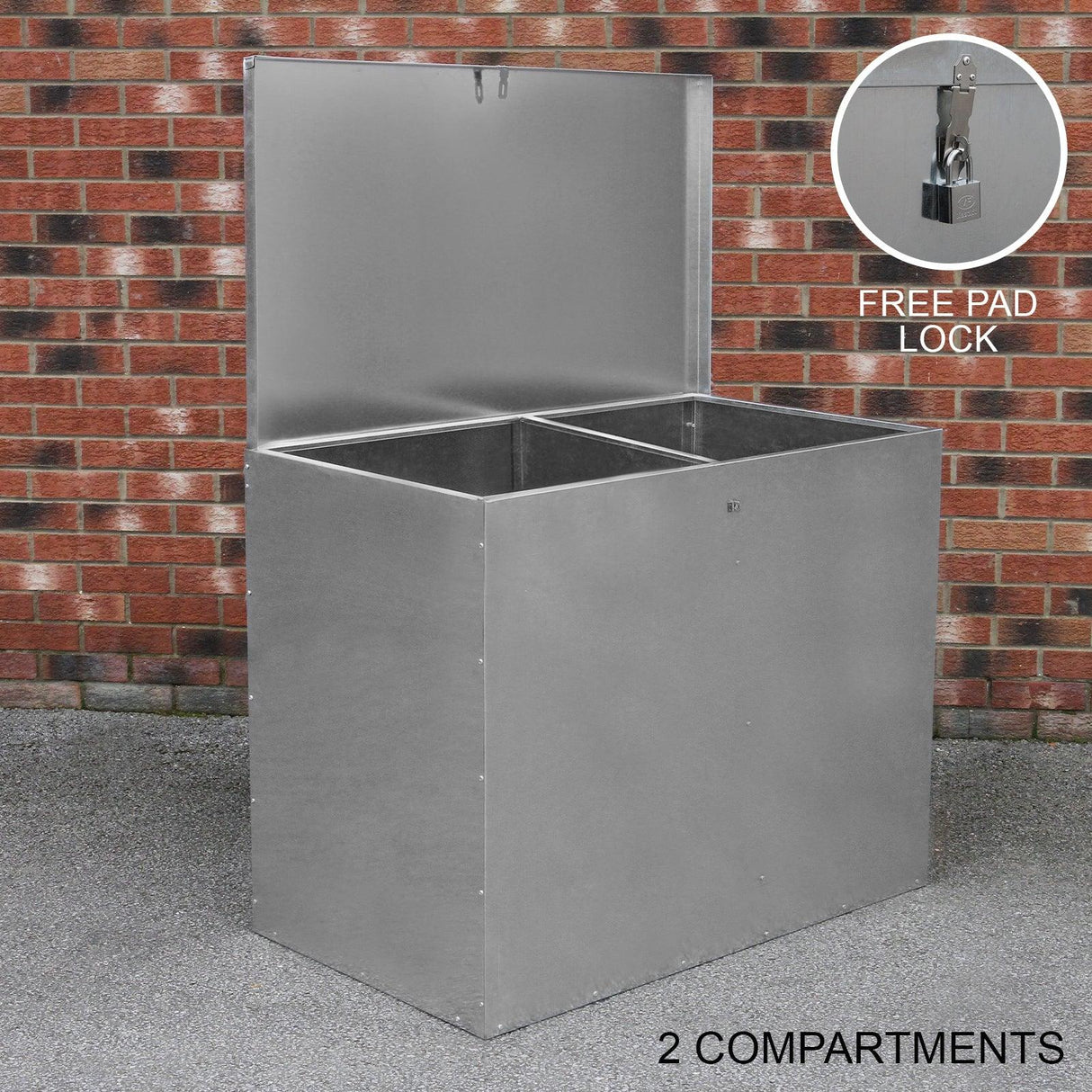Galvanised feed store with two compartments, featuring a shiny metal finish, sturdy construction, and a free padlock for security