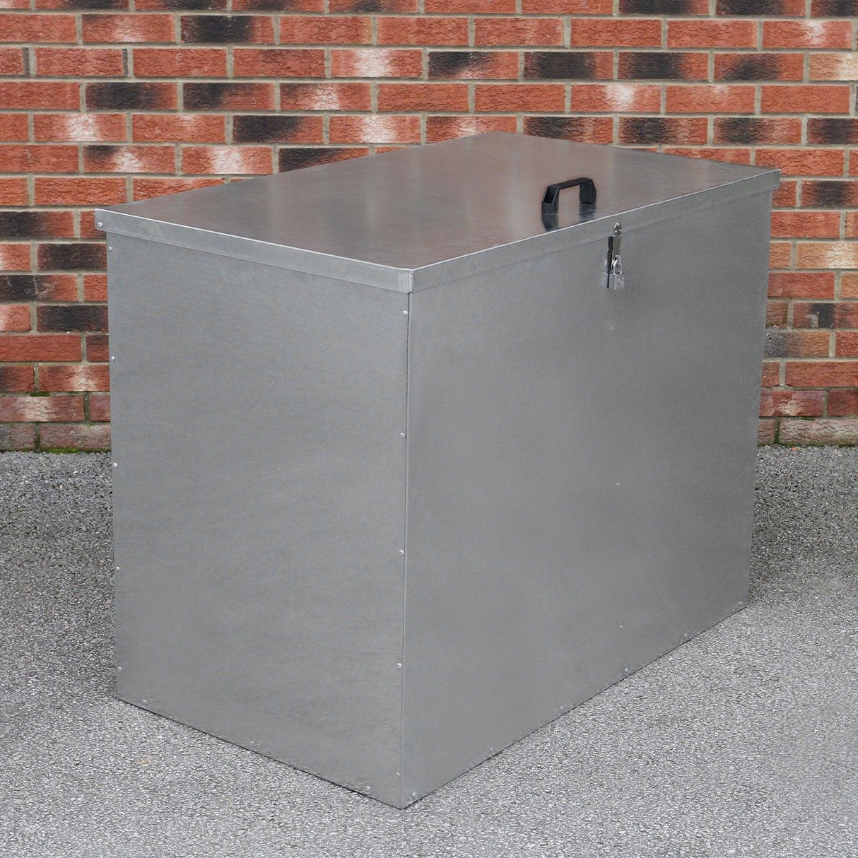 Galvanised feed store with two compartments, featuring a sleek metallic finish, sturdy handle, and secure lock, ideal for outdoor use