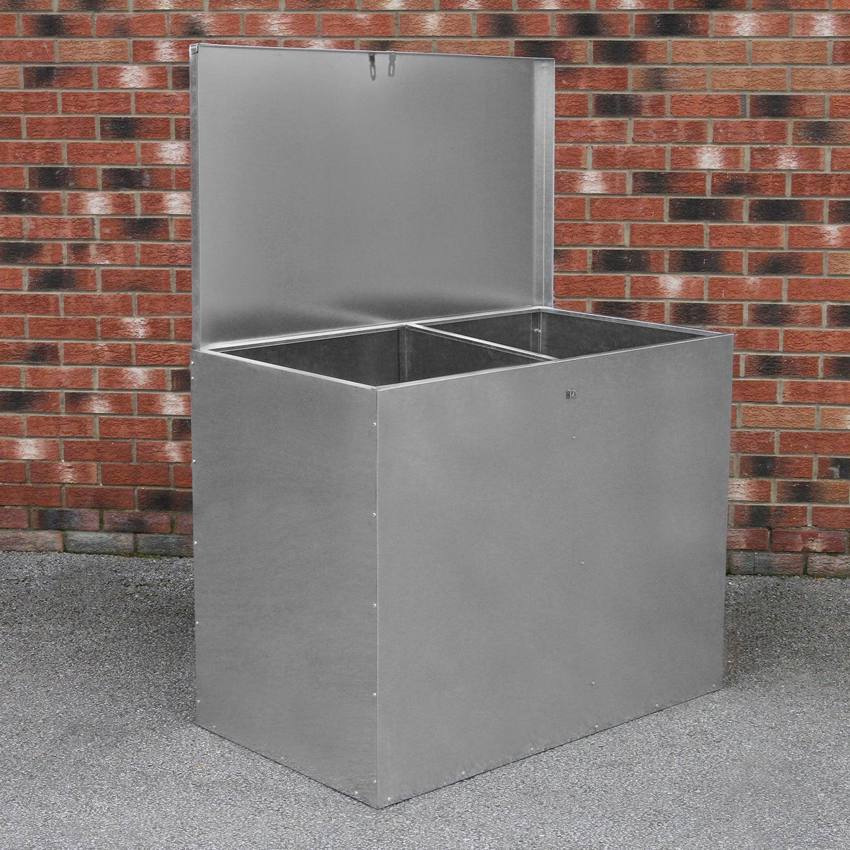 Galvanised feed store with two compartments, featuring a sturdy metal design and a hinged lid, ideal for organizing animal feed