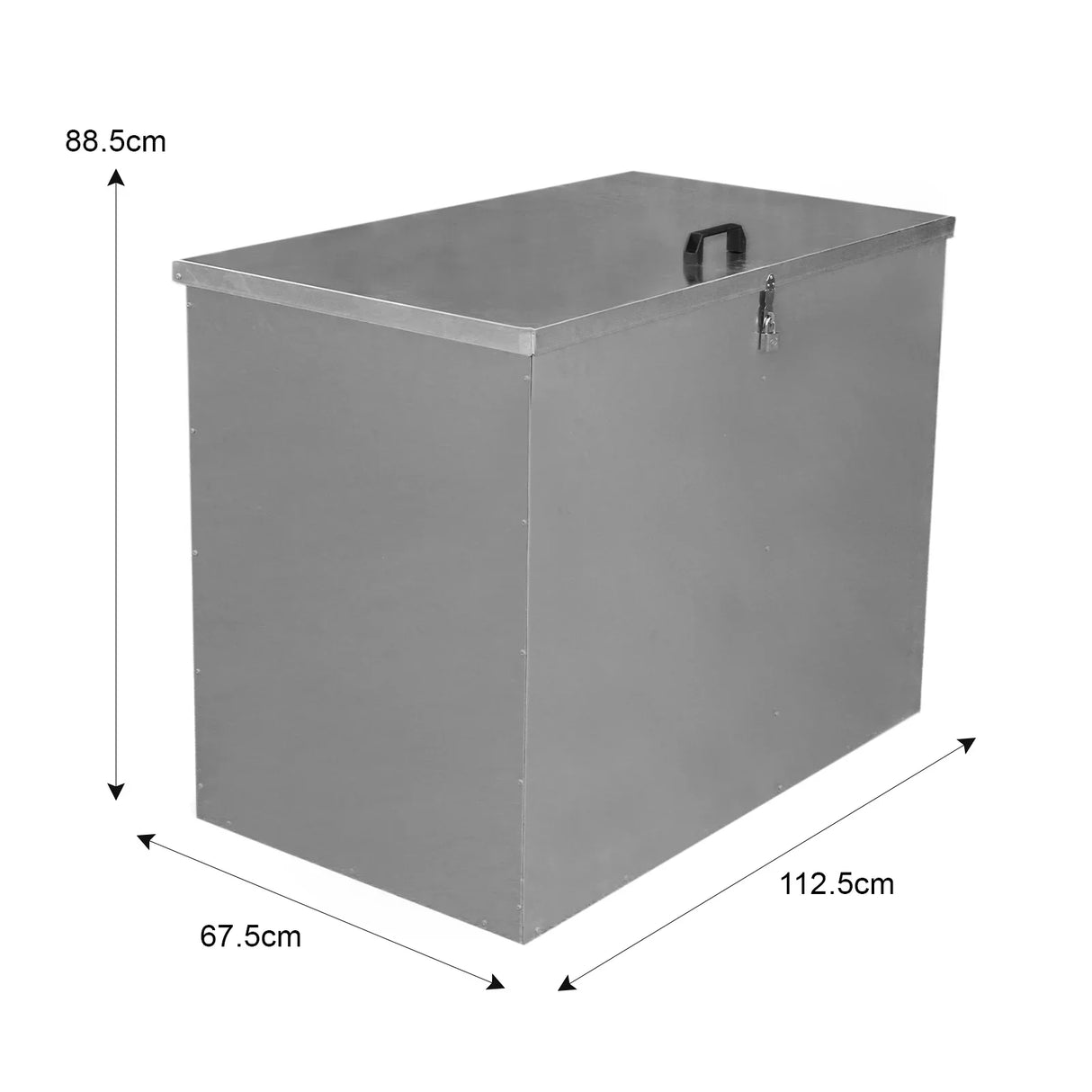 Galvanised feed store with two compartments, featuring a sleek silver finish, sturdy handle, and dimensions of 112.5cm x 67.5cm x 88.5cm